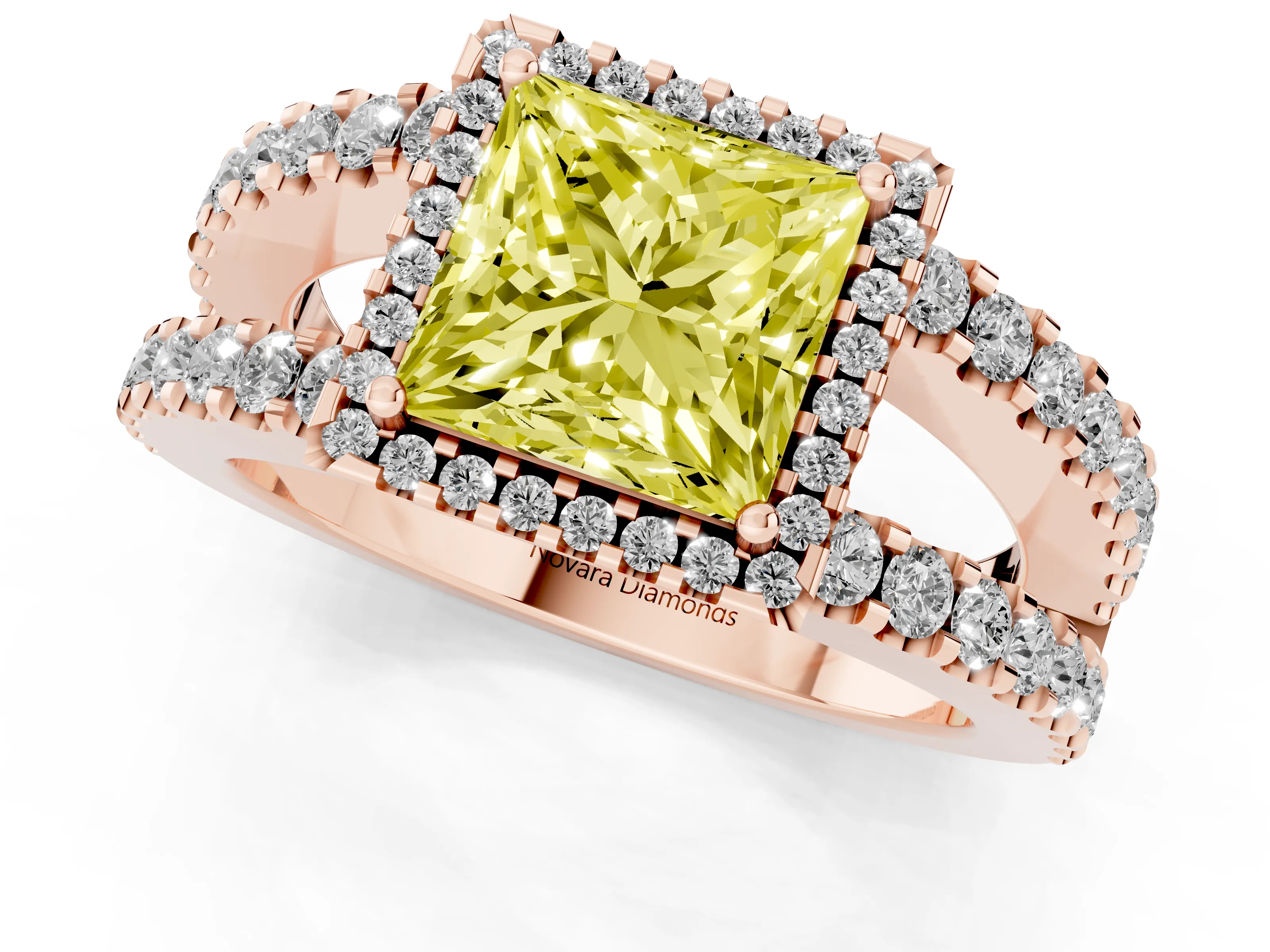 Fancy Yellow Princess Cut Diamond Halo Ring Set in Rose gold with Pavé Split Shank and Prong Setting