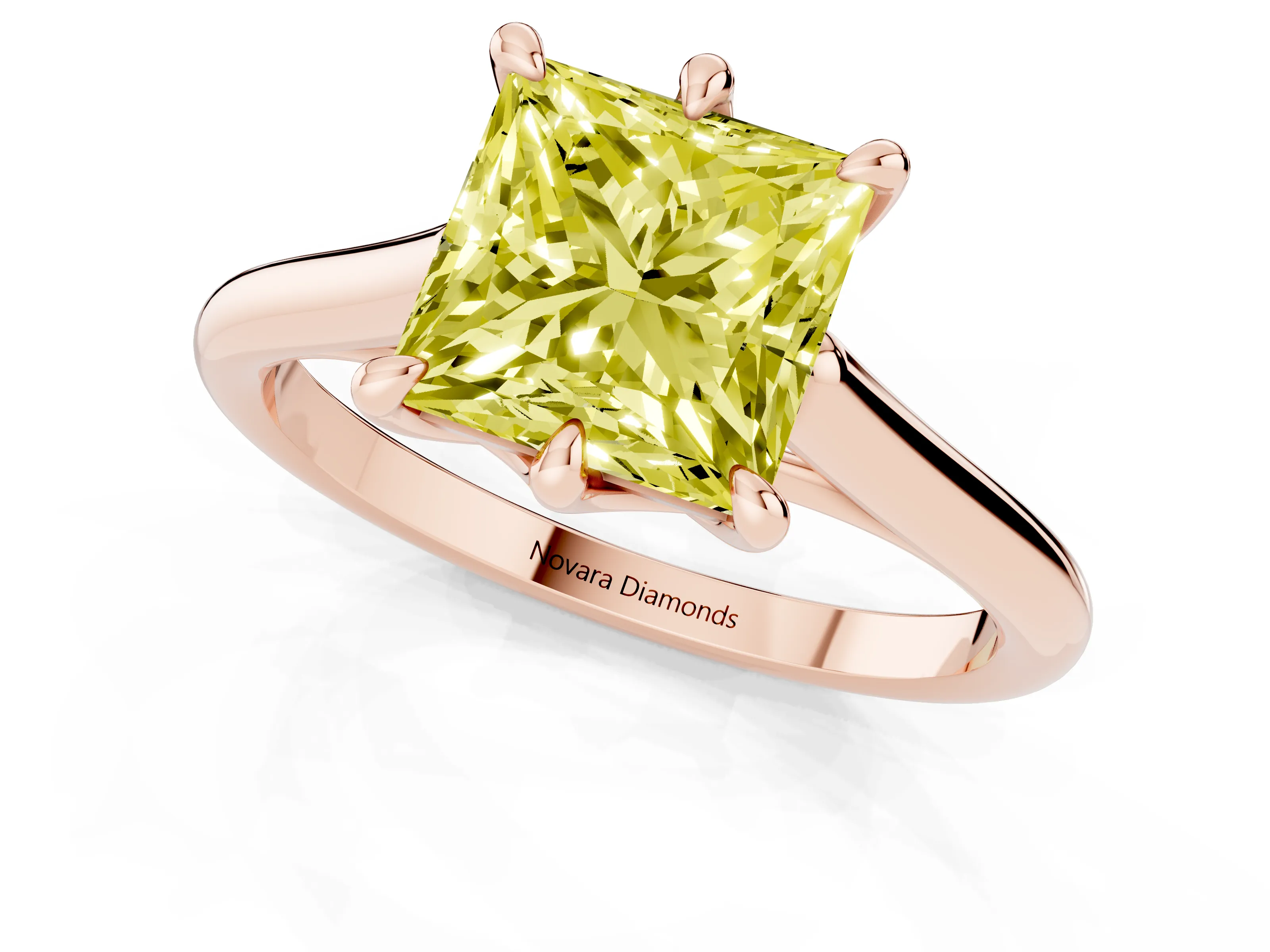 Fancy Yellow Princess Cut Diamond Solitaire Engagement Ring Set in Rose gold with Prong Setting and Plain Classic Band