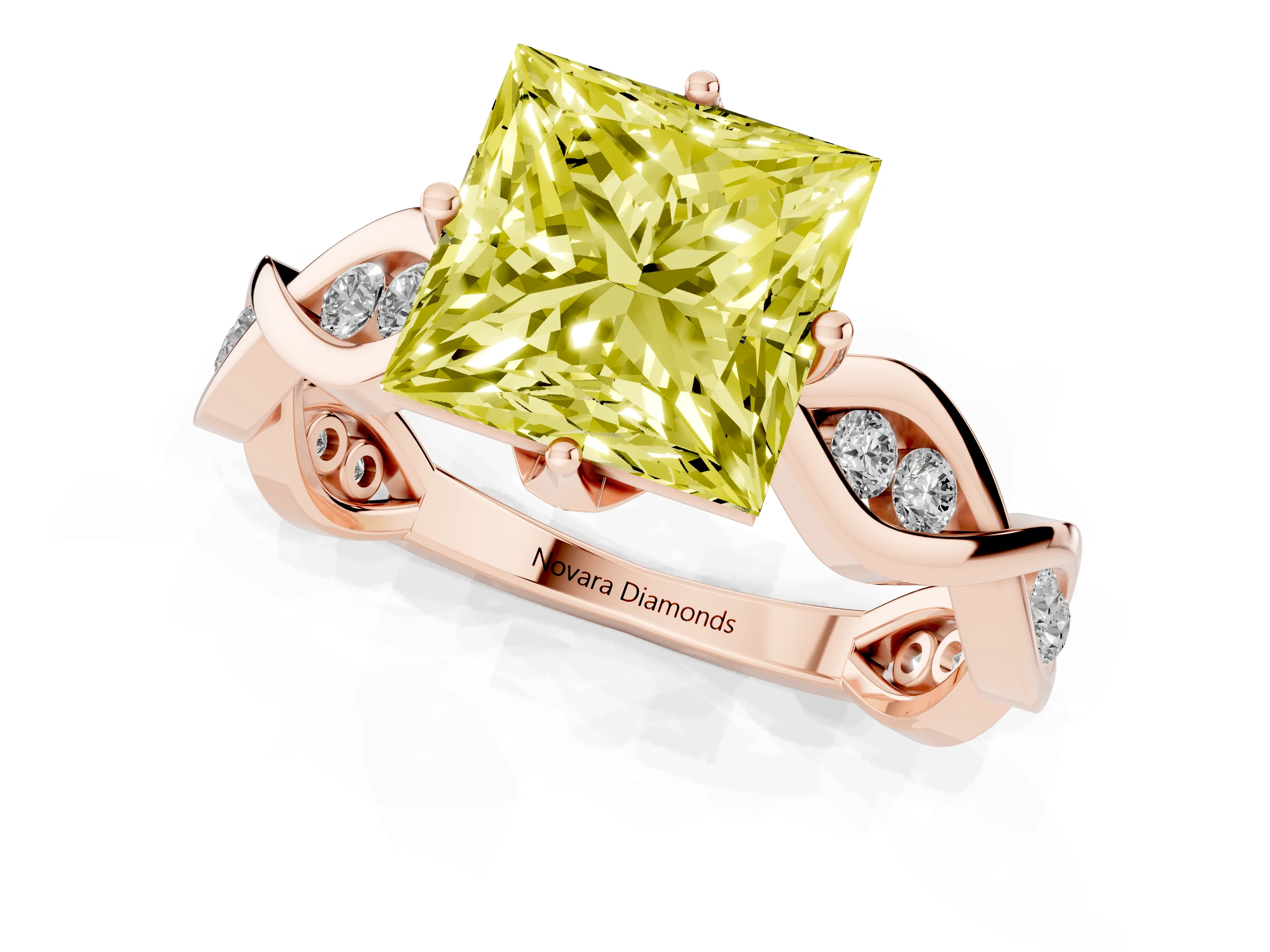 Fancy Yellow Princess Cut Diamond Twist Band Solitaire Ring Set in Rose gold with Leaf Prong Setting and Accent Stones