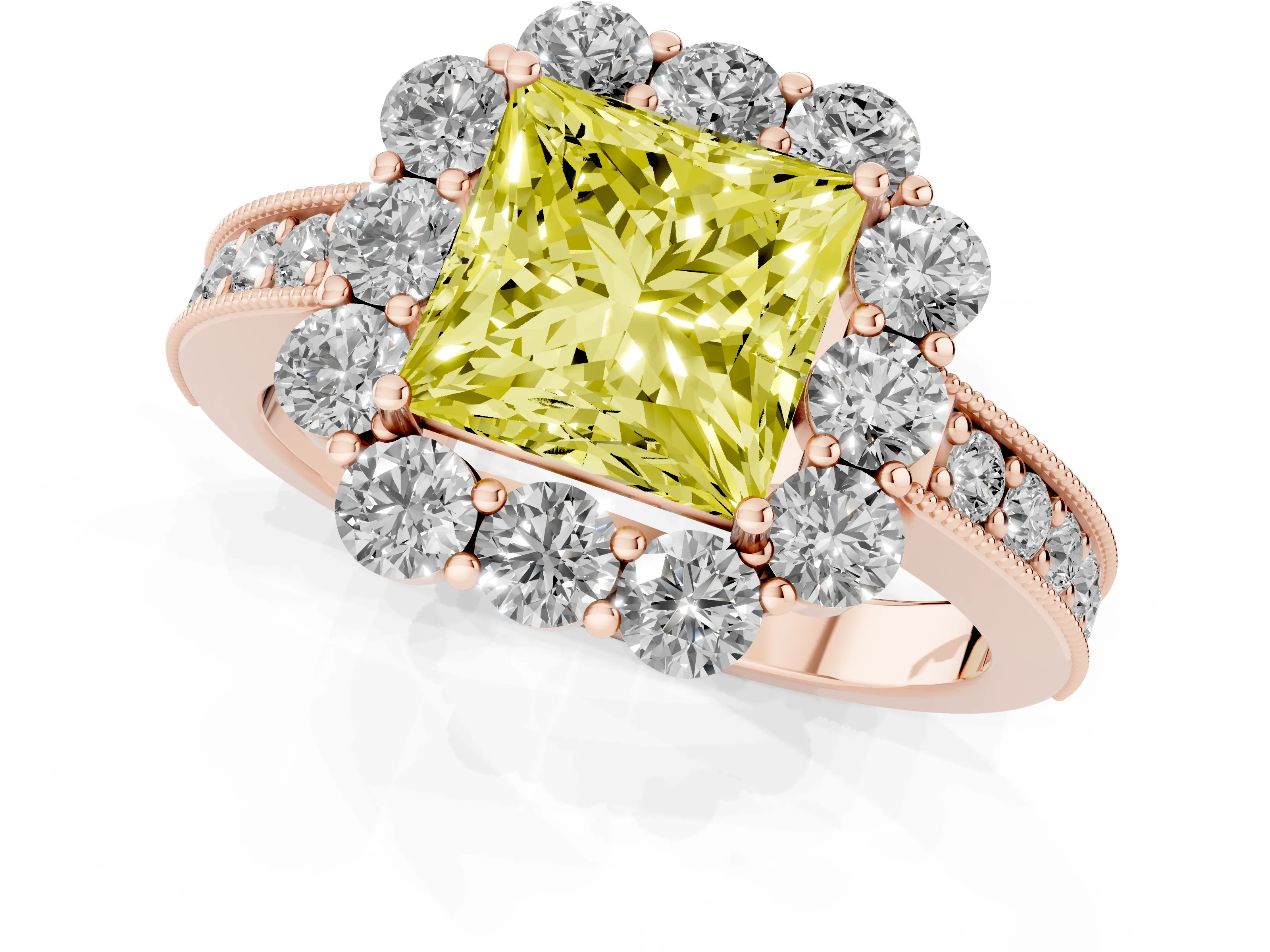 Fancy Yellow Princess Cut Diamond Halo Pavé Engagement Ring Set in Rose gold with Milgrain Detailing