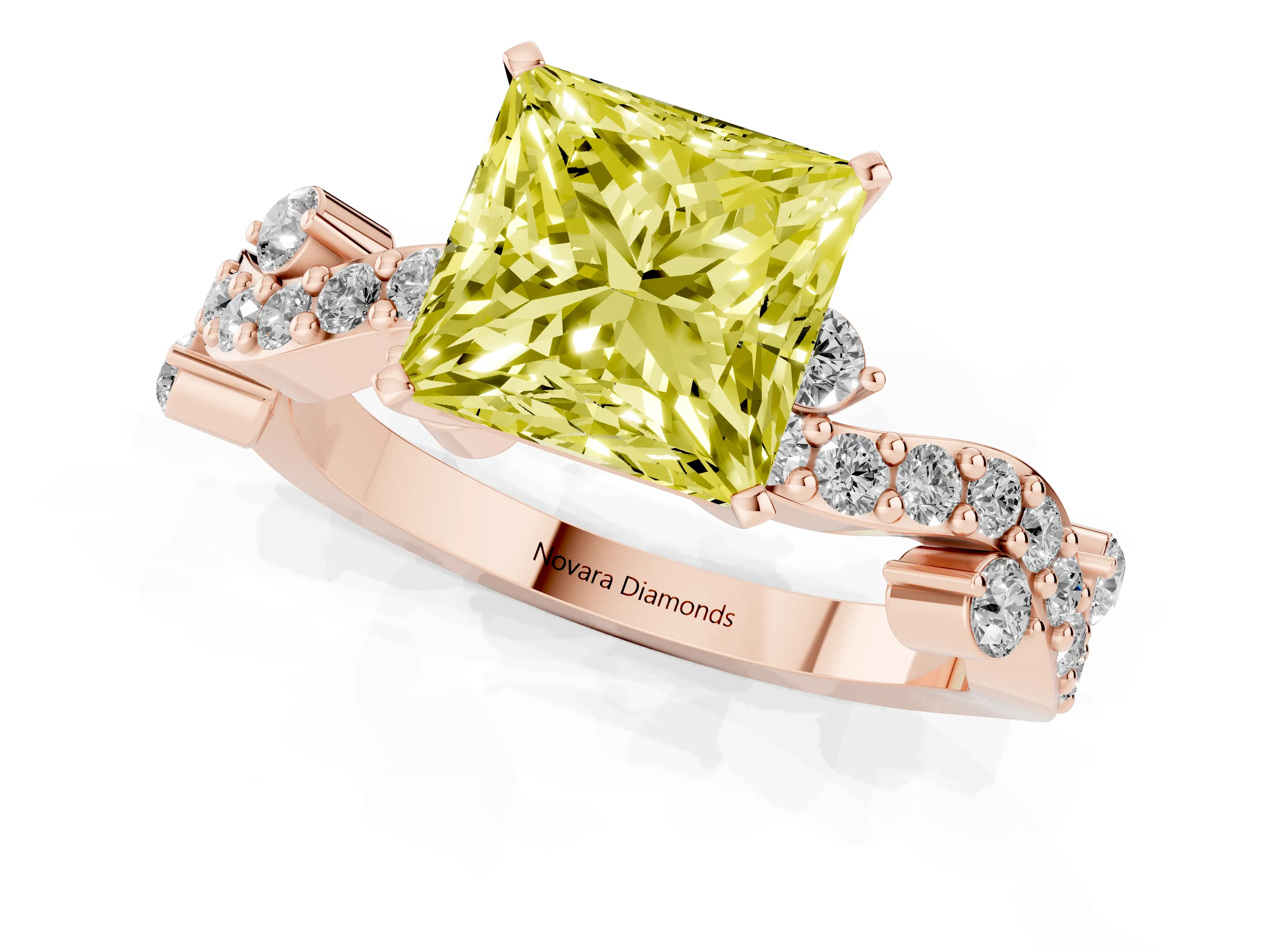 Fancy Yellow Princess Cut Diamond Solitaire Twisted Band Set in Rose gold with Pavé Setting