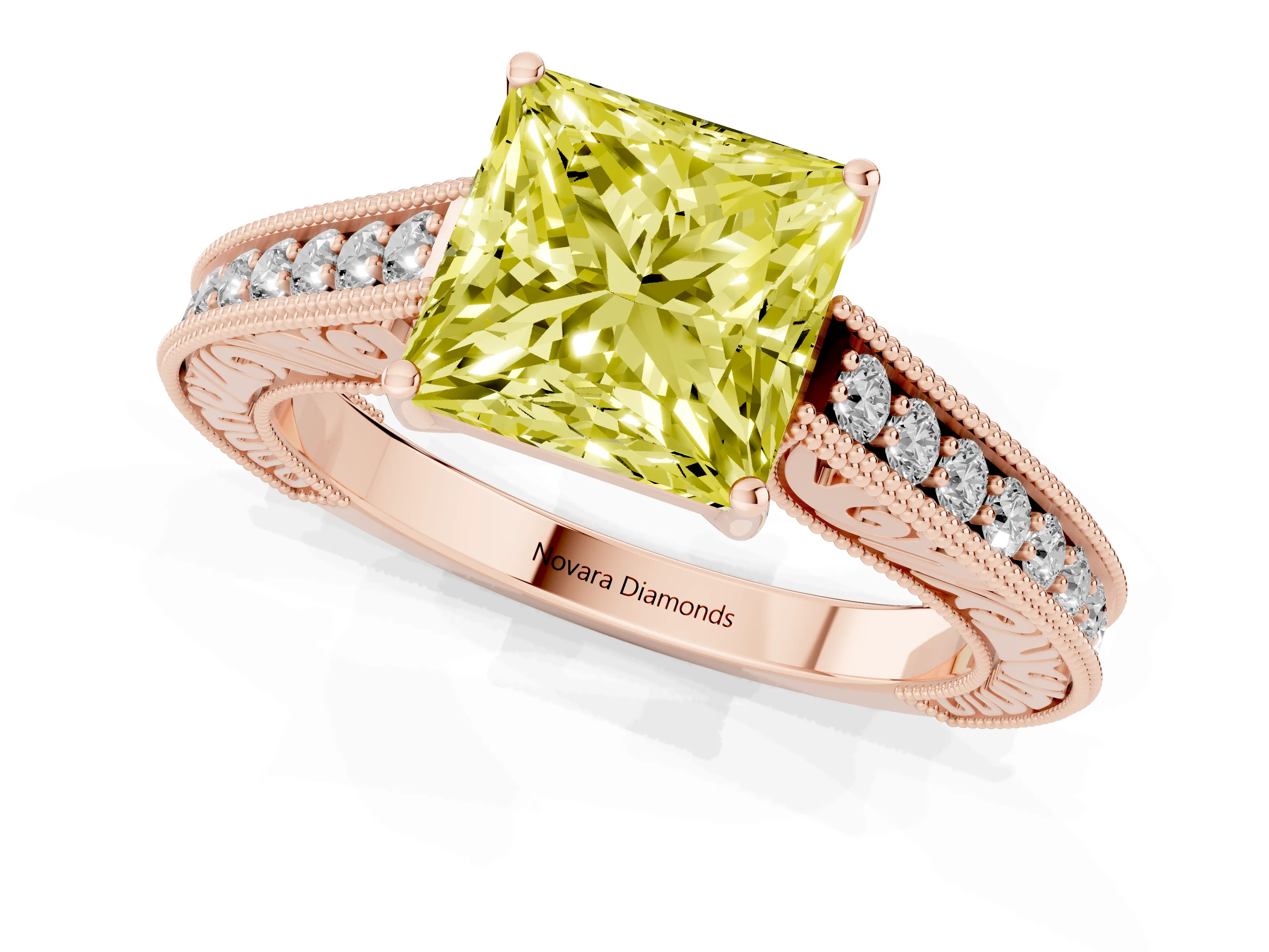 Fancy Yellow Princess Cut Diamond Milgrain Pavé Band Solitaire Ring Set in Rose gold with Prong Setting