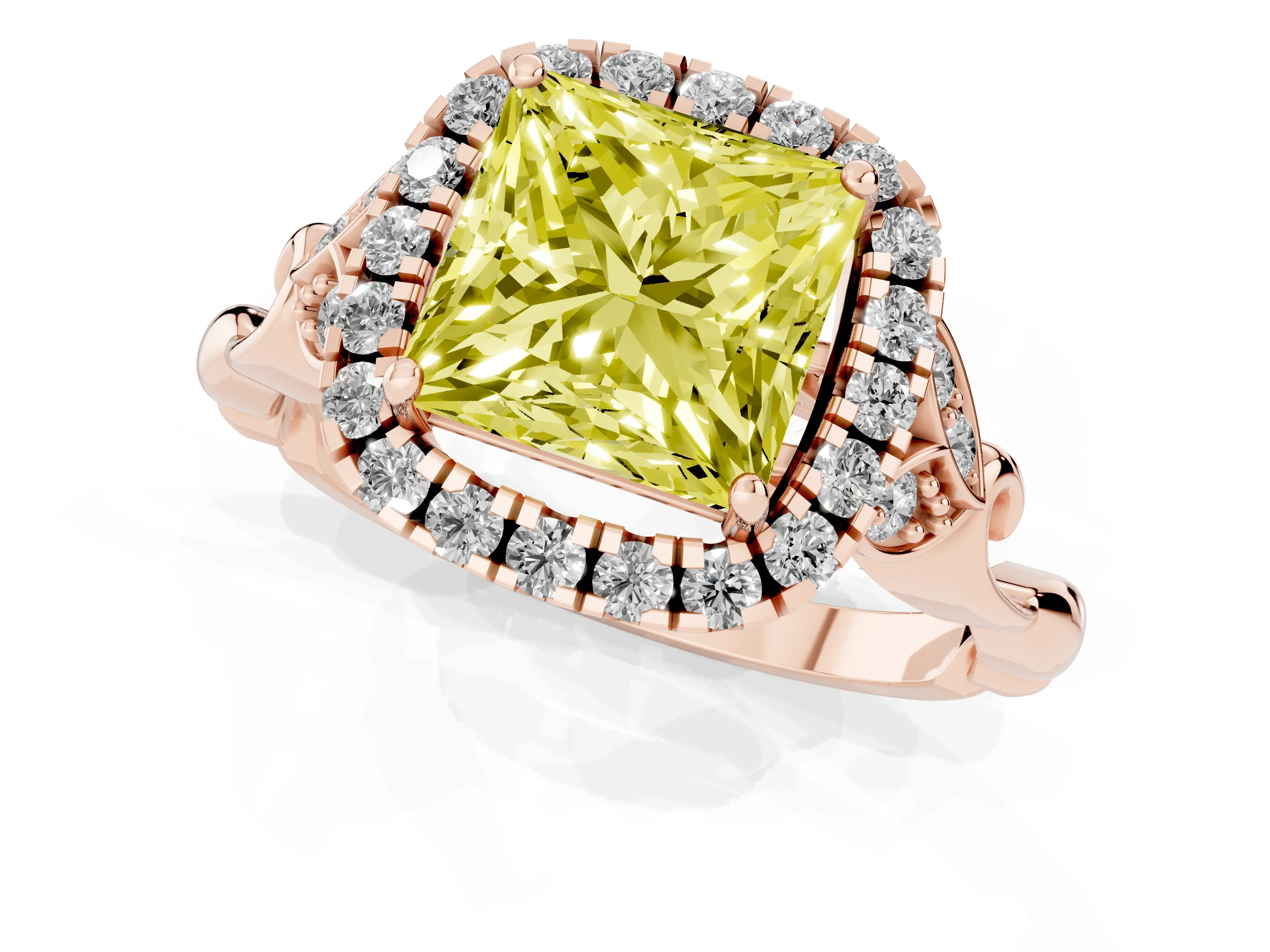 Fancy Yellow Princess Cut Diamond Halo Engagement Ring Set in Rose gold with Vintage-Inspired Band and Prong Setting