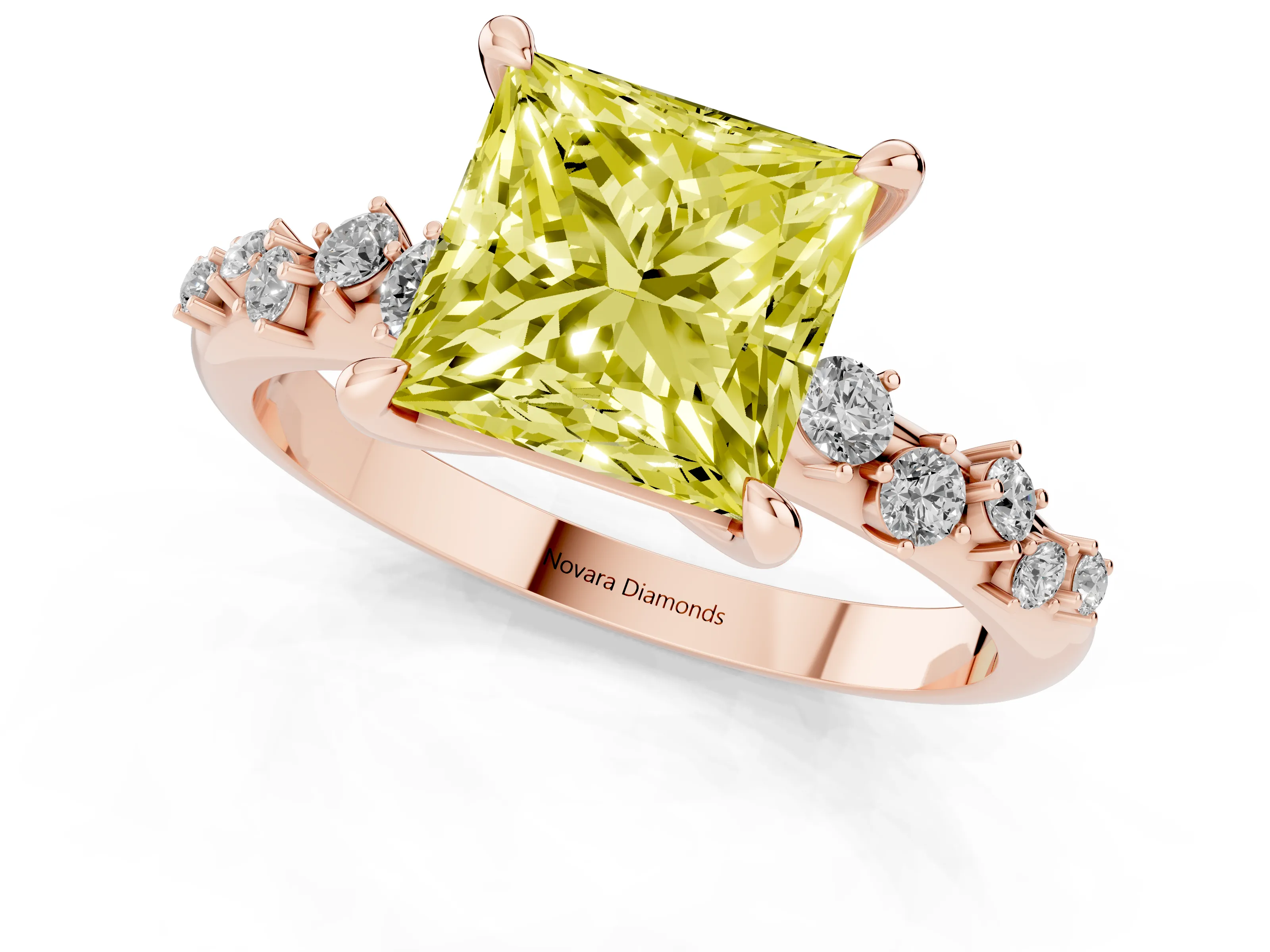 Fancy Yellow Princess Cut Diamond Solitaire Vine Band Ring Set in Rose gold with Round Accents and Prong Setting – second view