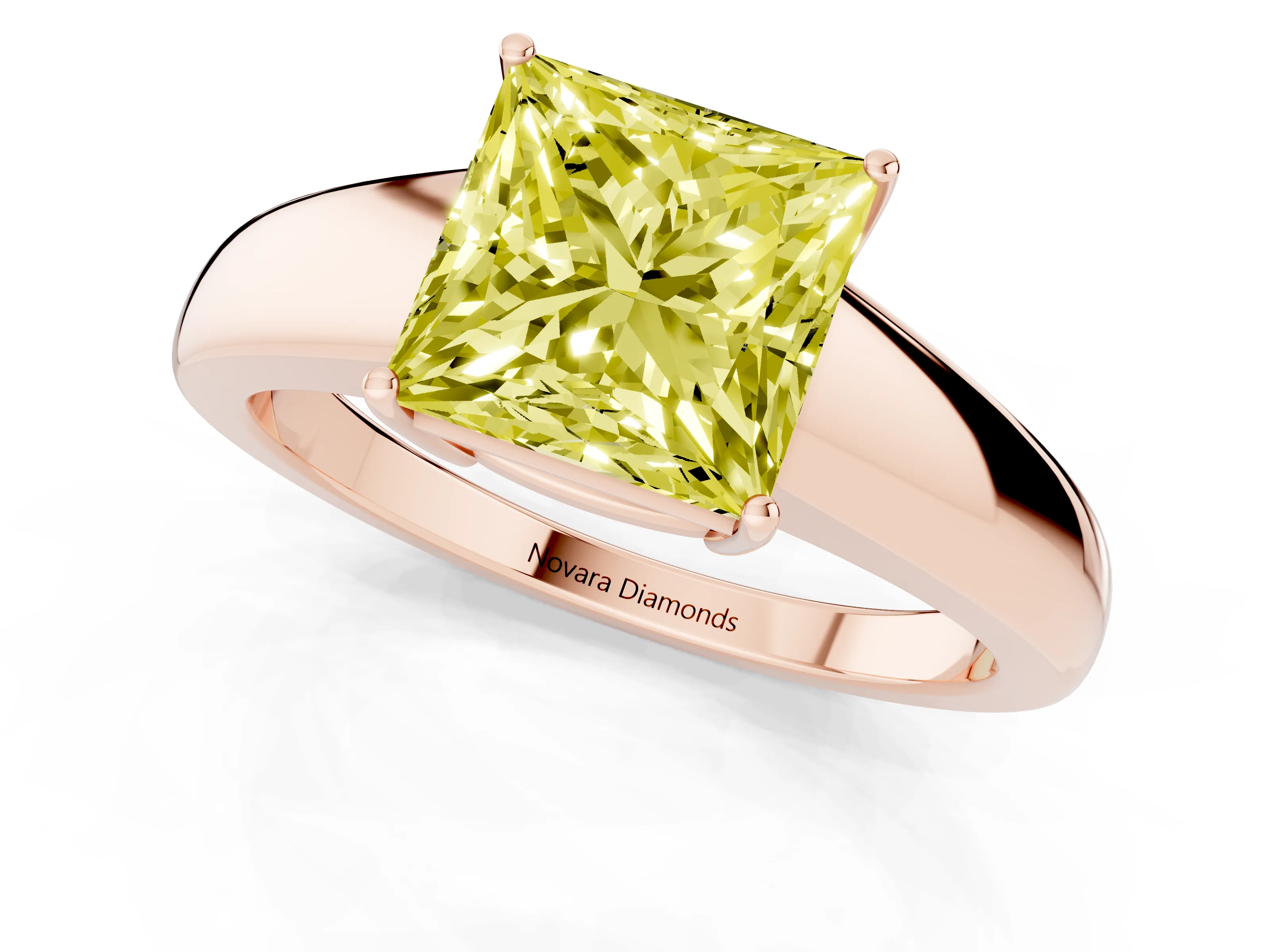 Fancy Yellow Princess Cut Diamond Solitaire Ring Set in Rose gold with Tapered Band and Prong Setting