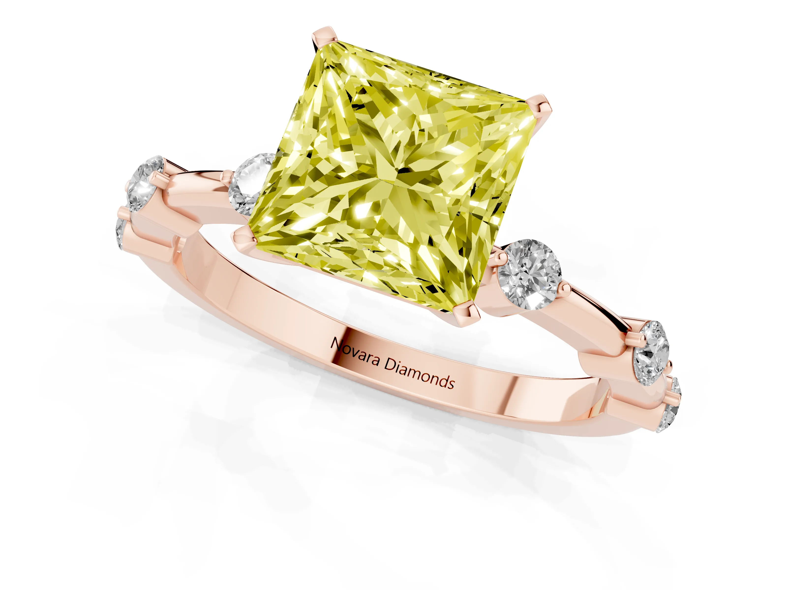 Fancy Yellow Princess Cut Diamond Solitaire Ring Set in Rose gold with Bezel Set Side Stones and Prong Setting