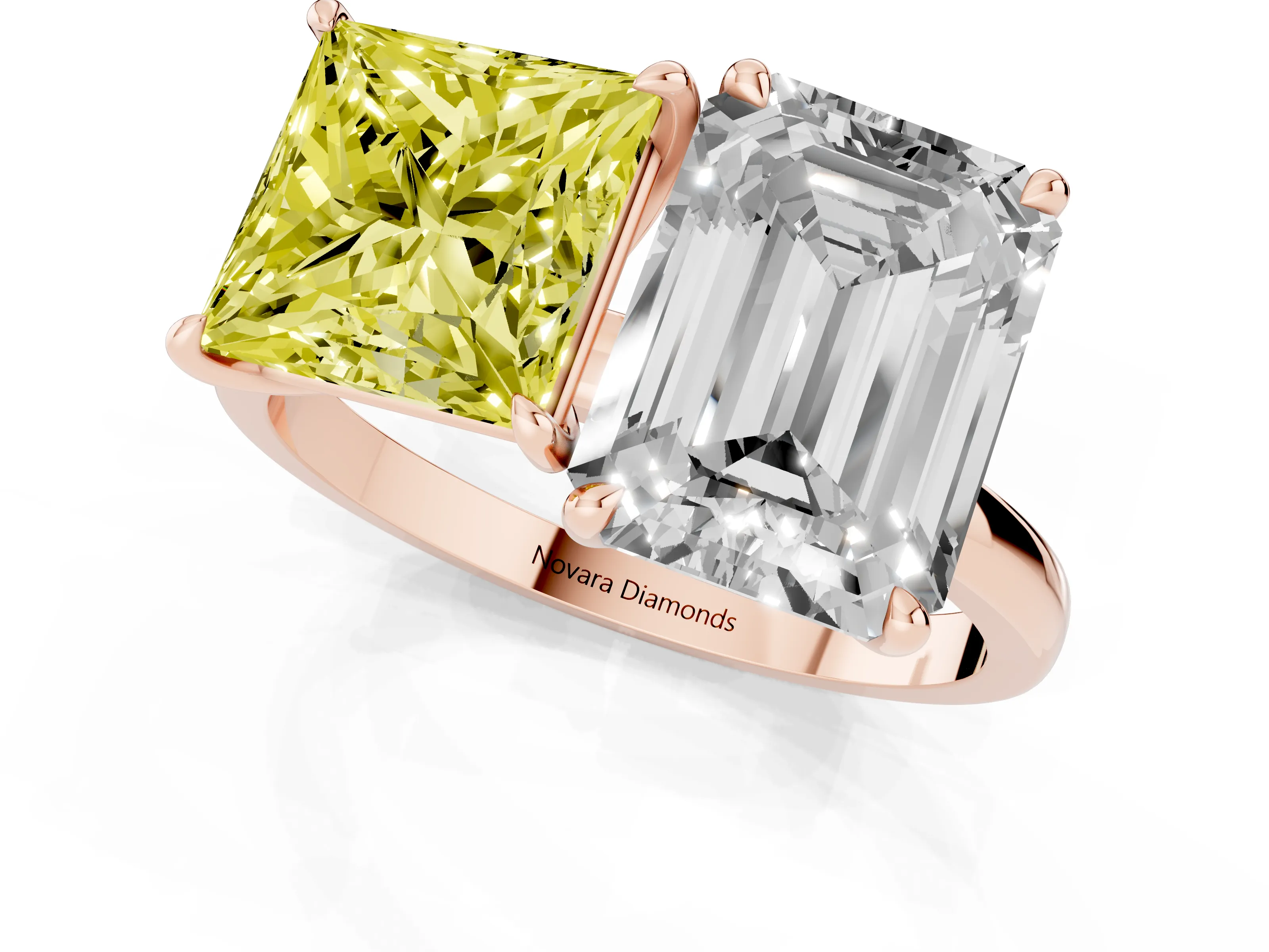 Fancy Yellow Princess Cut and Emerald Cut Toi Moi Ring Set in Rose gold with Prong Setting
