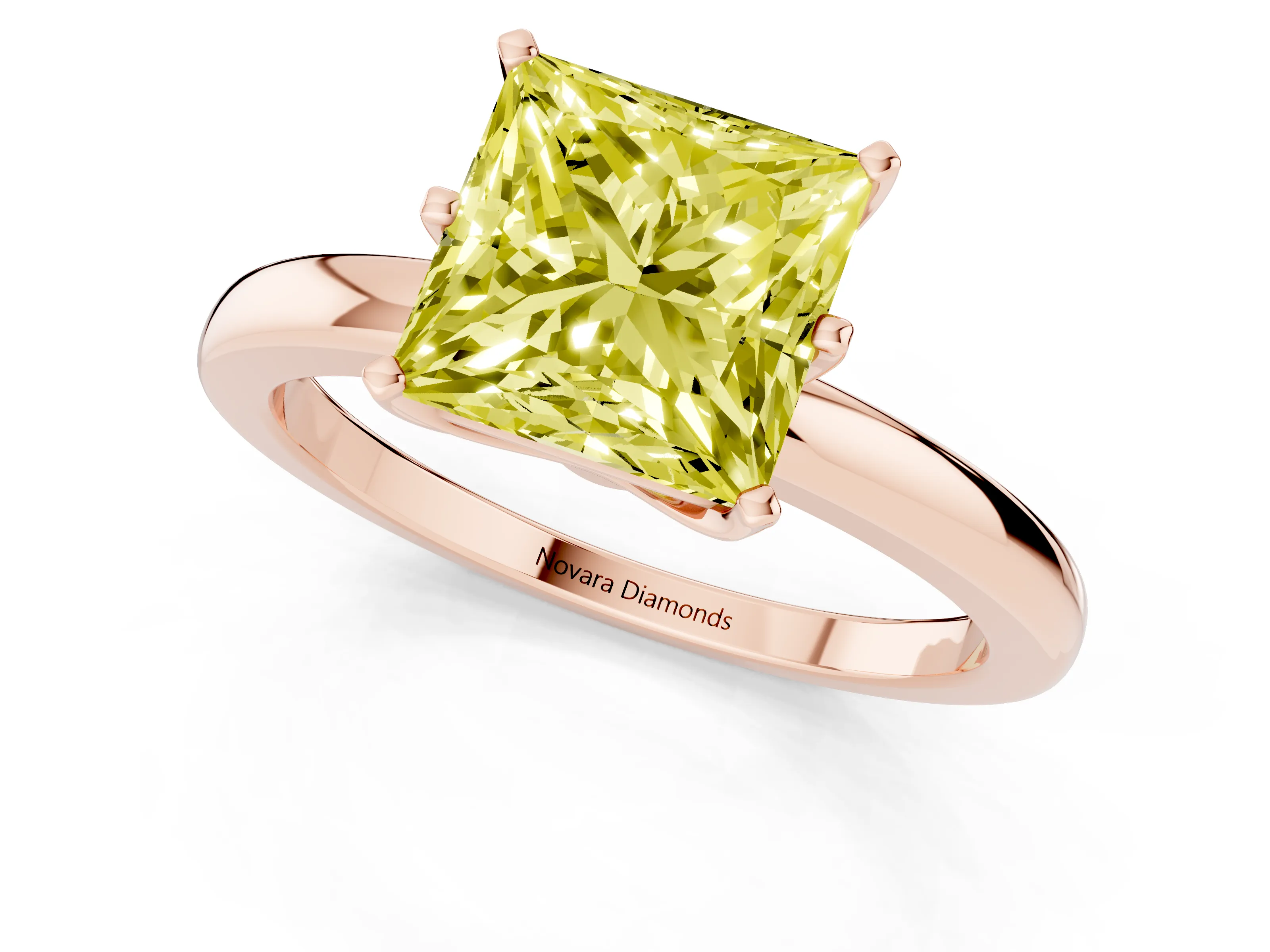 Fancy Yellow Princess Cut Diamond Solitaire Ring Set in Rose gold with Raised Prong Setting on a Classic Band