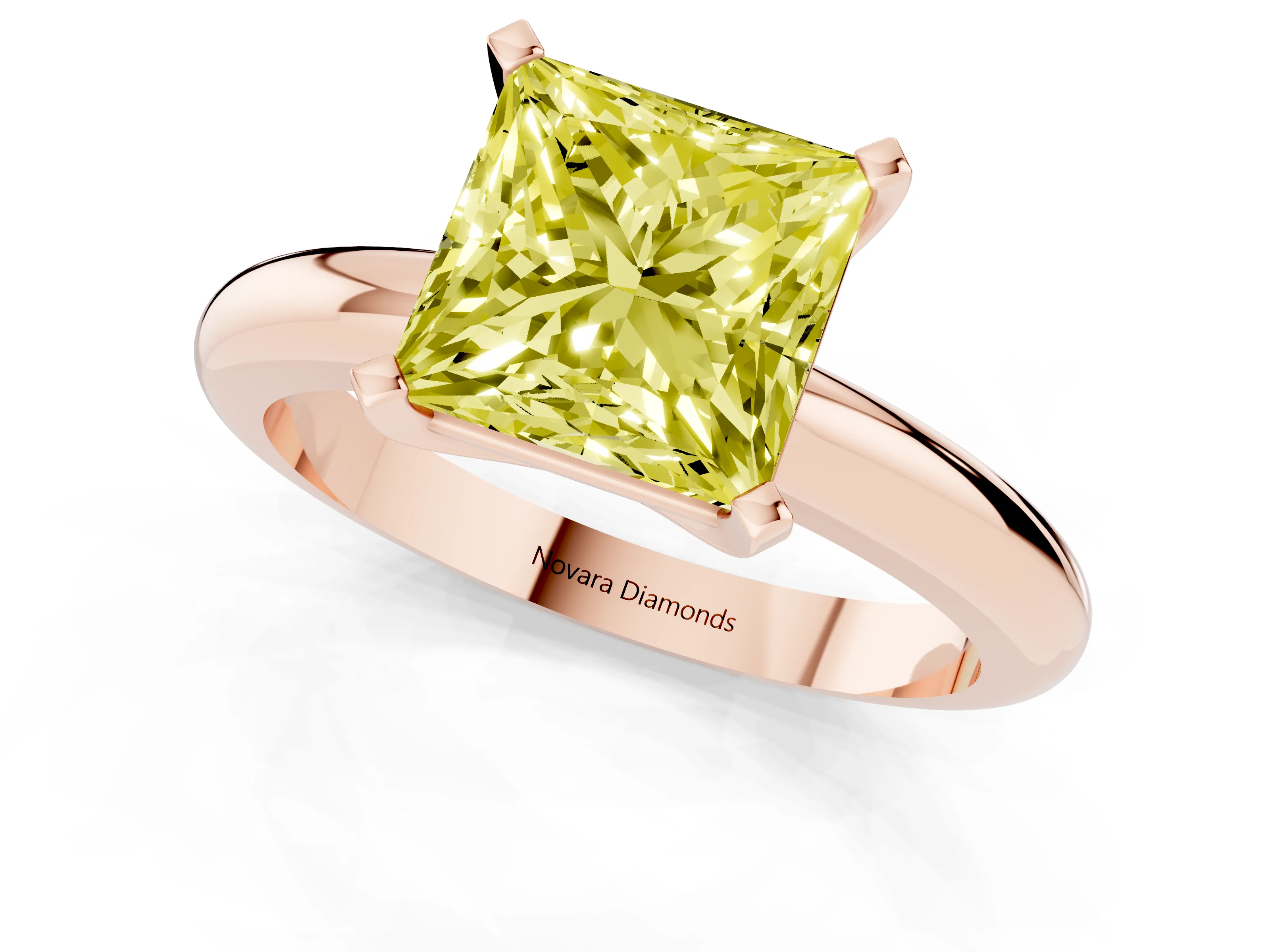Fancy Yellow Princess Cut Diamond Solitaire Engagement Ring Set in Rose gold with Round Band and Prong Setting
