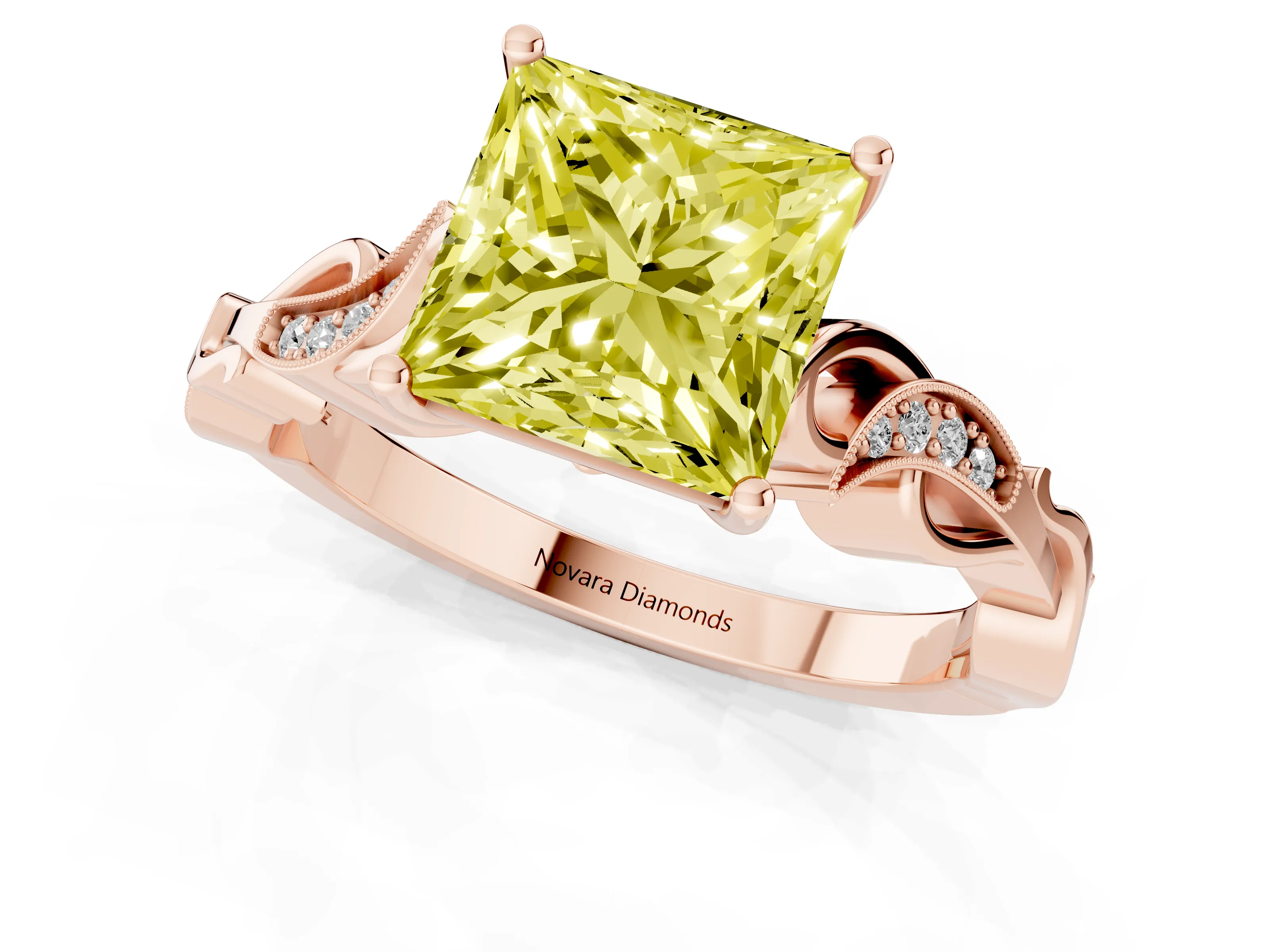 Fancy Yellow Princess Cut Diamond Vine Band Solitaire Ring Set in Rose gold with Milgrain Prong Setting