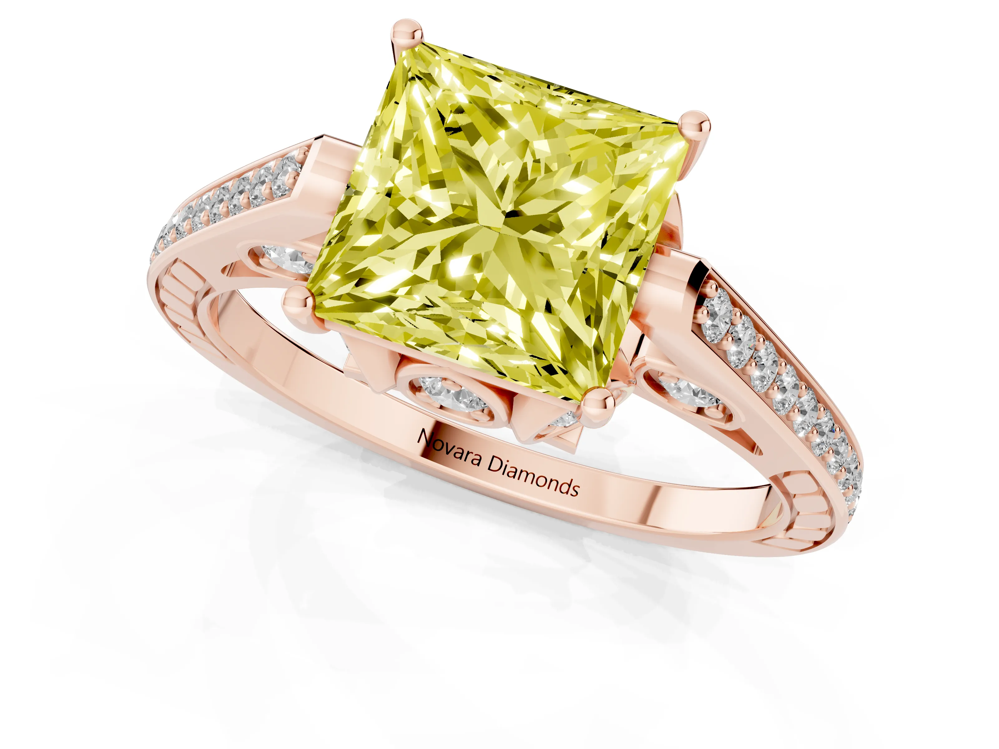 Fancy Yellow Princess Cut Diamond Cathedral Pavé Engagement Ring Set in Rose gold with Prong Setting