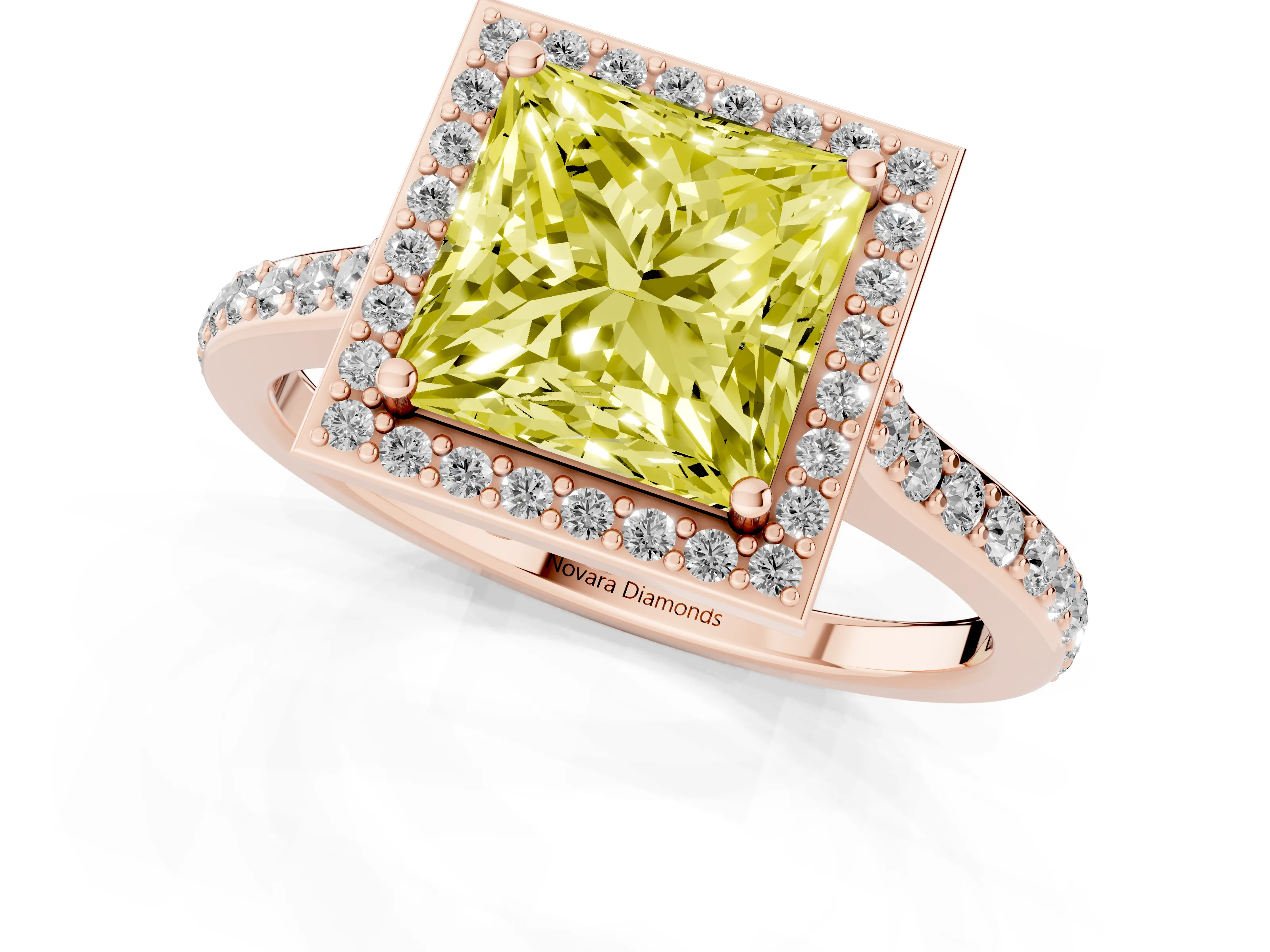 Fancy Yellow Princess Cut Diamond Halo Engagement Ring Set in Rose gold with Round Pavé Shoulders and Heart Gallery