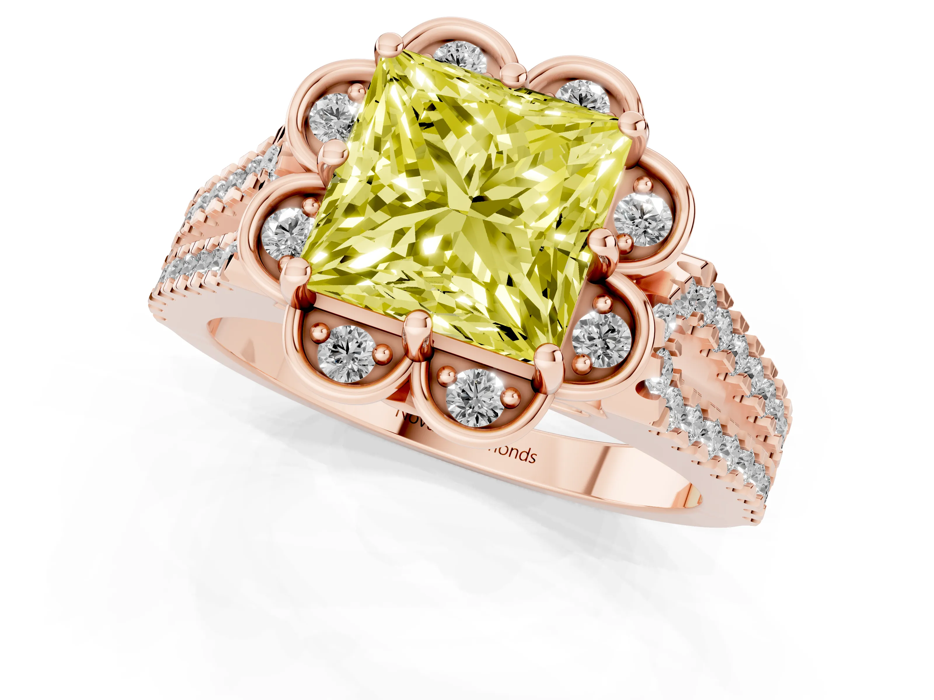 Fancy Yellow Princess Cut Diamond Floral Halo Split Shank Engagement Ring Set in Rose gold with Pavé Shank