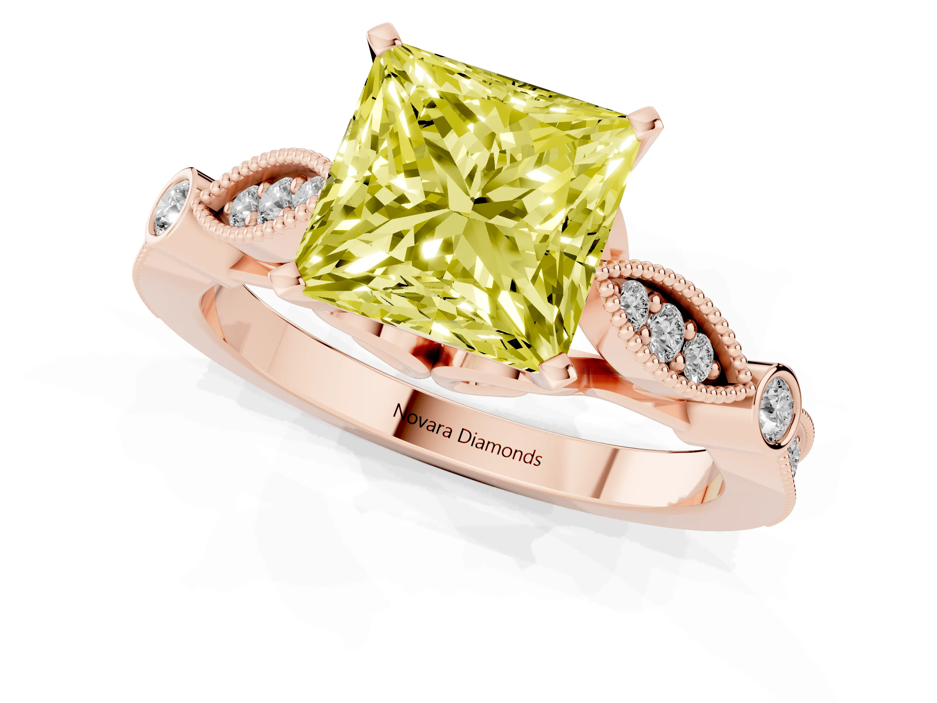 Fancy Yellow Princess Cut Diamond Solitaire Ring Set in Rose gold with Milgrain Marquise and Bezel Accents