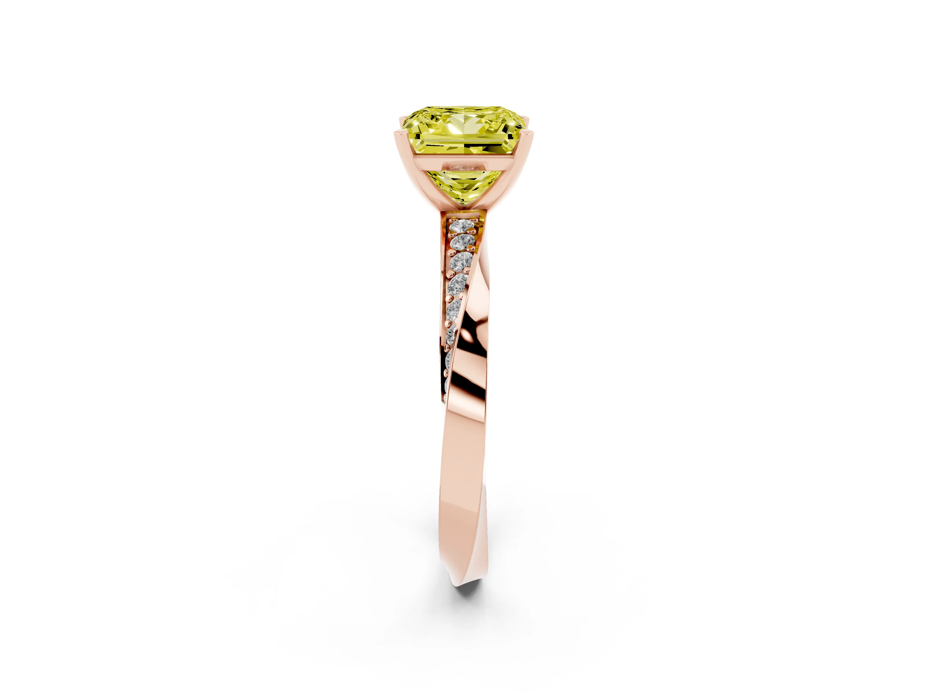 Fancy Yellow Princess Cut Diamond Engagement Ring Set in Rose gold with Side Stone Accents and Prong Setting