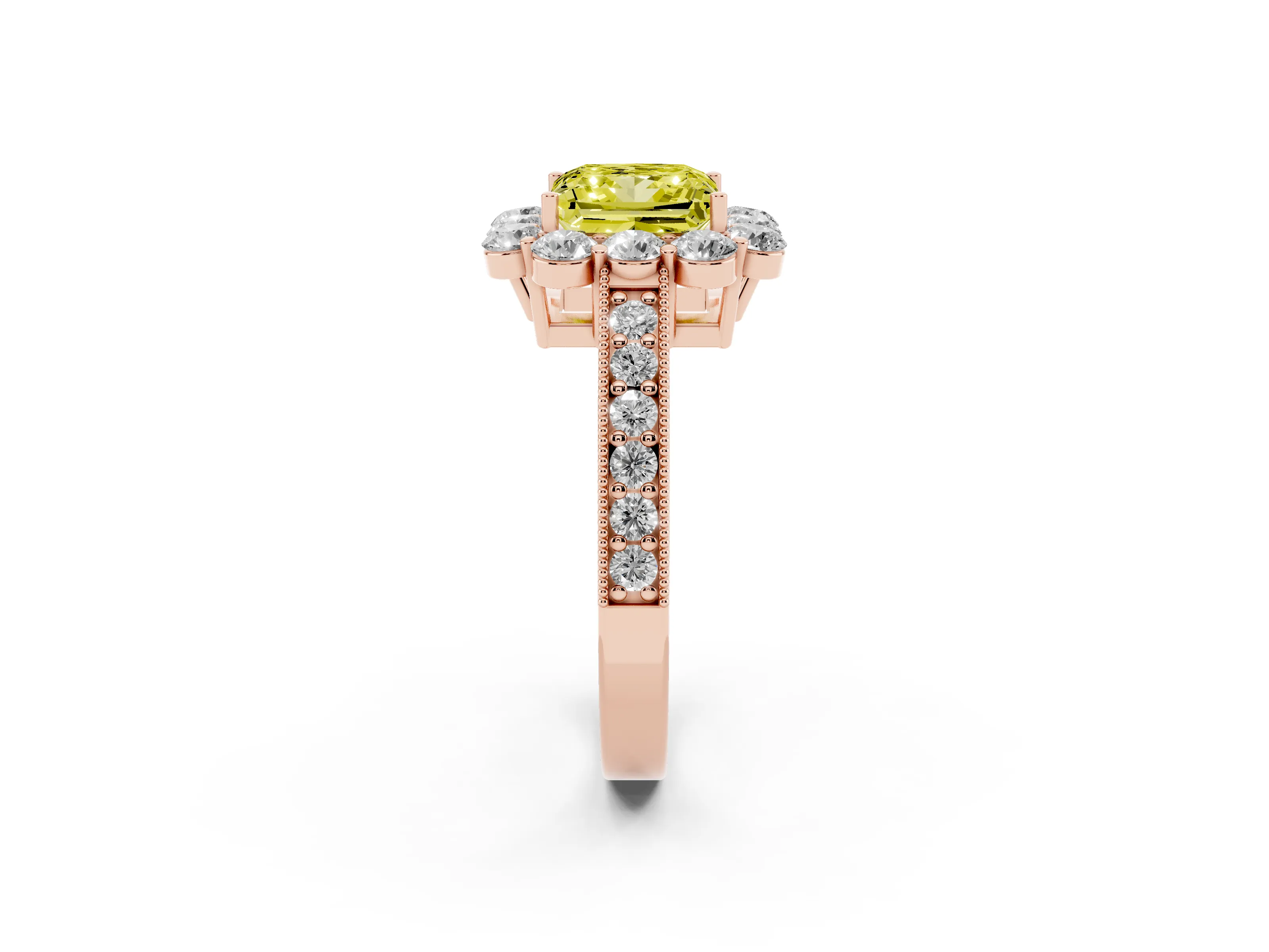 Fancy Yellow Princess Cut Diamond Halo Pavé Engagement Ring Set in Rose gold with Milgrain Detailing