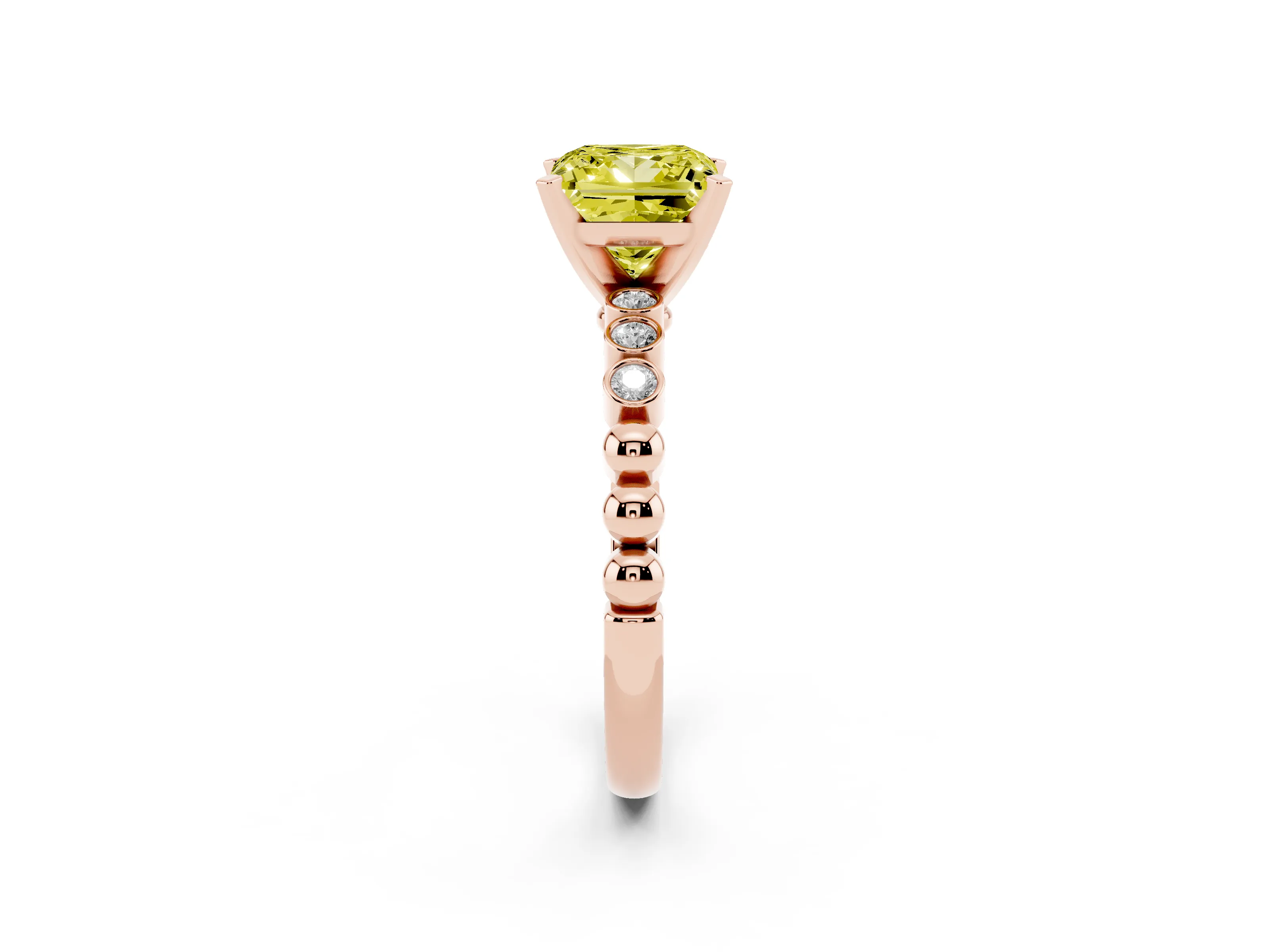 Fancy Yellow Princess Cut Diamond Solitaire Engagement Ring Set in Rose gold with Bezel Accents on Beaded Band