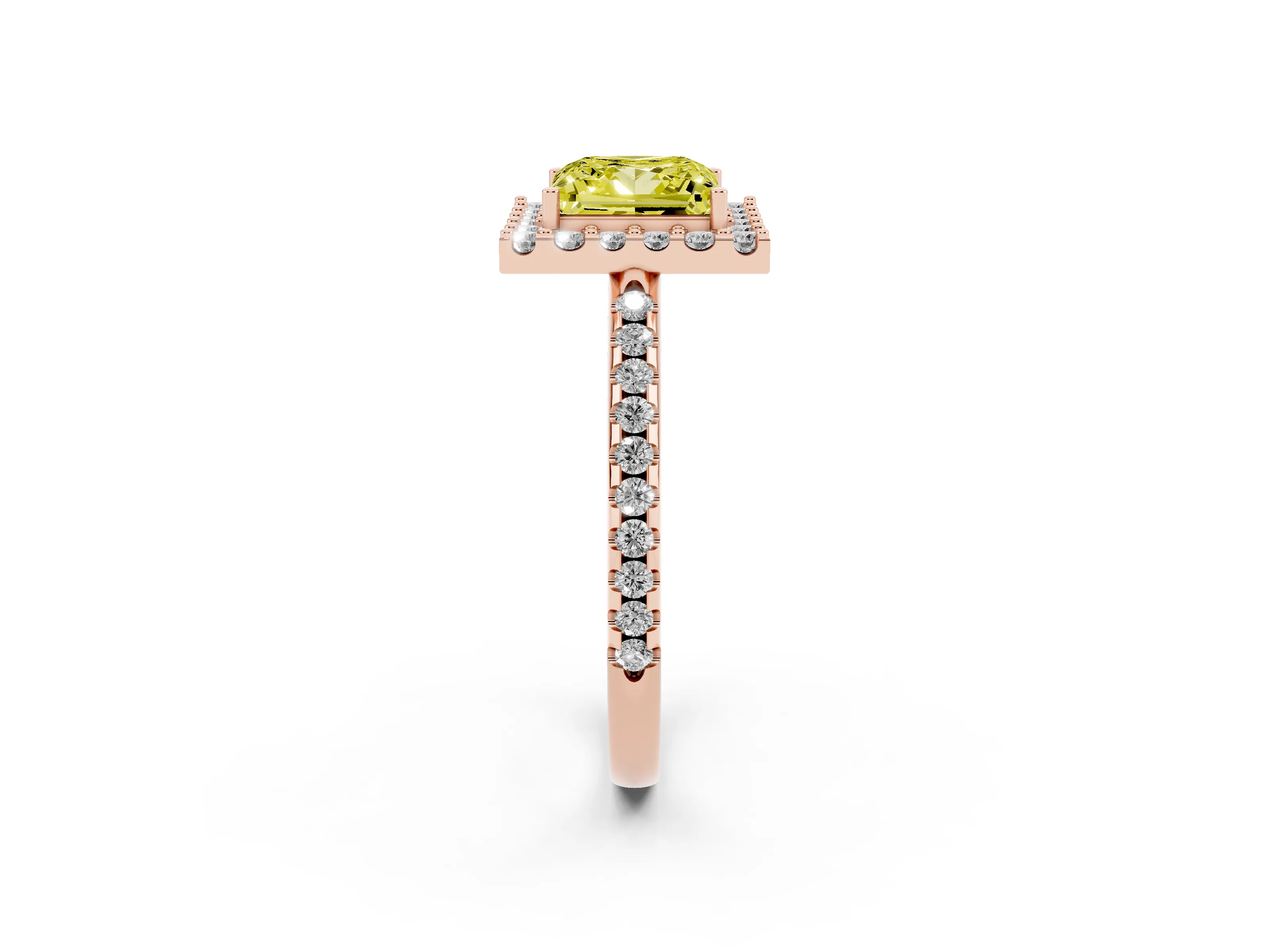 Fancy Yellow Princess Cut Diamond Pavé Halo Ring Set in Rose gold with Prong Setting