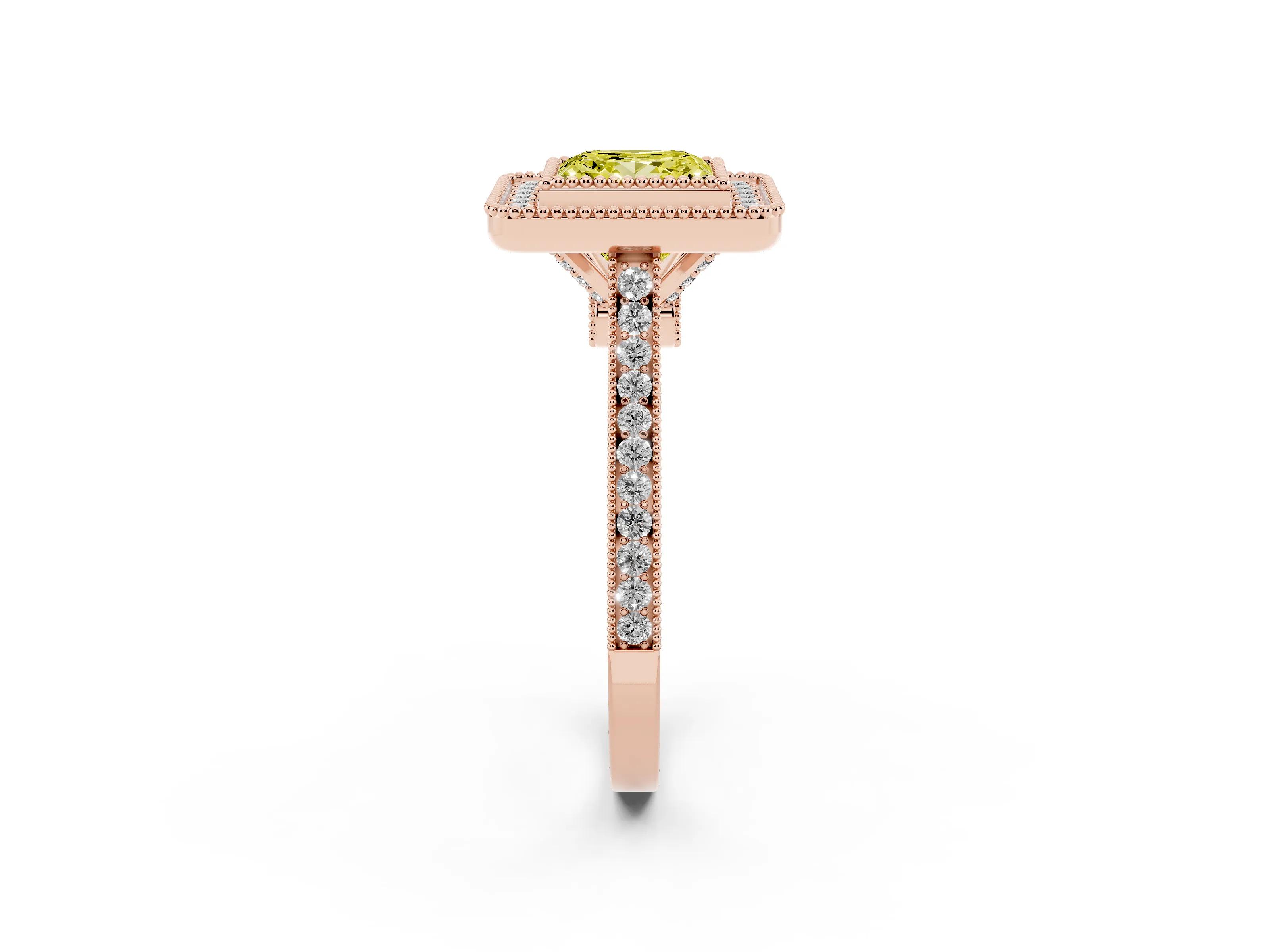 Fancy Yellow Princess Cut Diamond Halo Ring Set in Rose gold with Milgrain Frame and Pavé Band