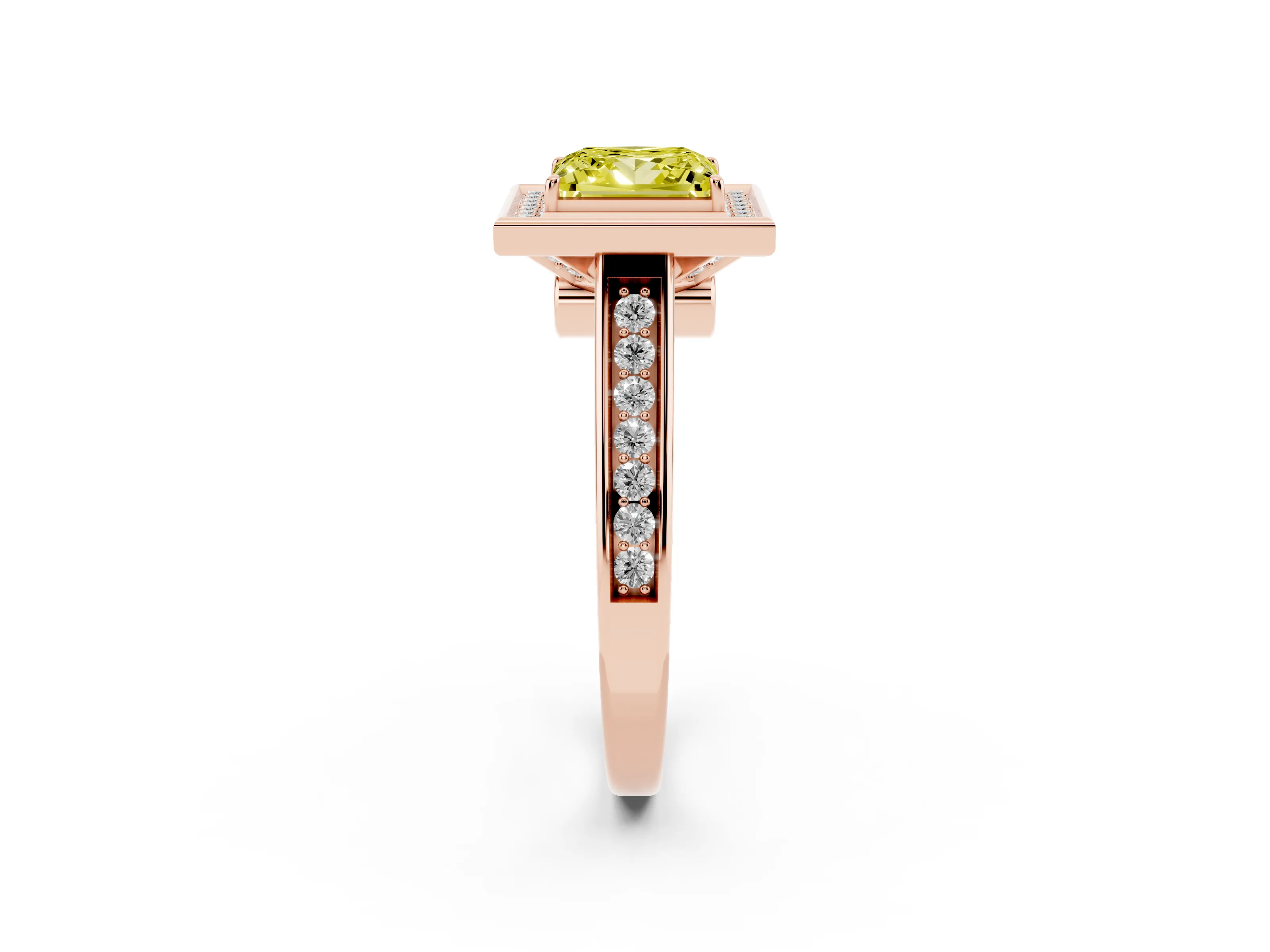 Fancy Yellow Princess Cut Diamond Halo Solitaire Ring Set in Rose gold with Pavé Band and Bezel Setting