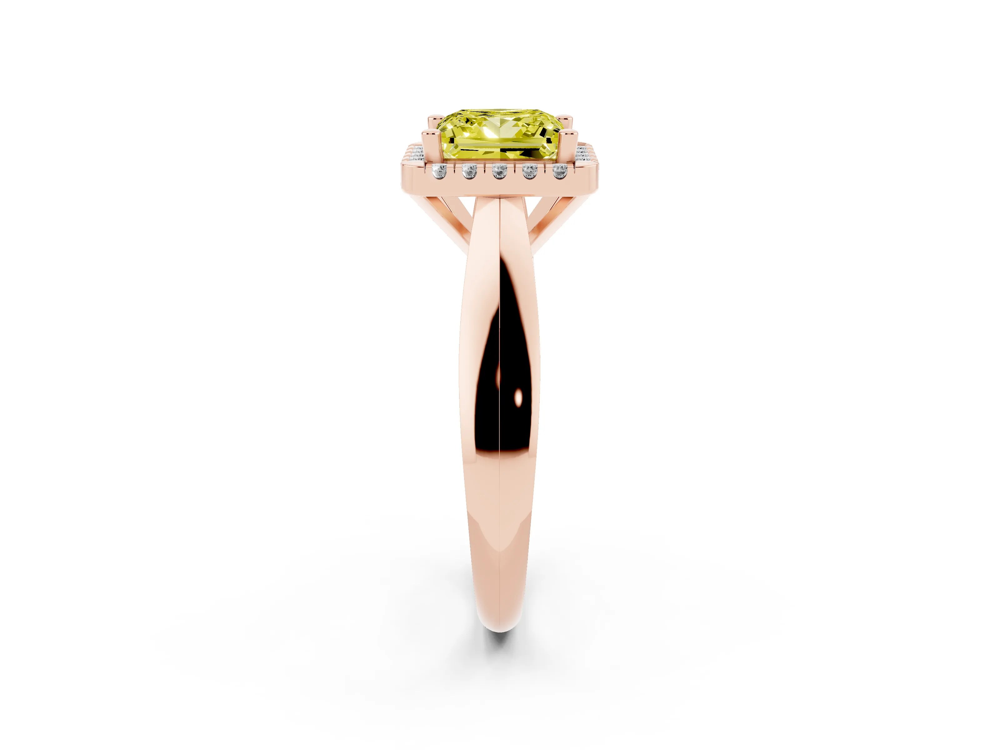 Fancy Yellow Princess Cut Diamond Halo Solitaire Engagement Ring Set in Rose gold with Square Band and Prong Setting