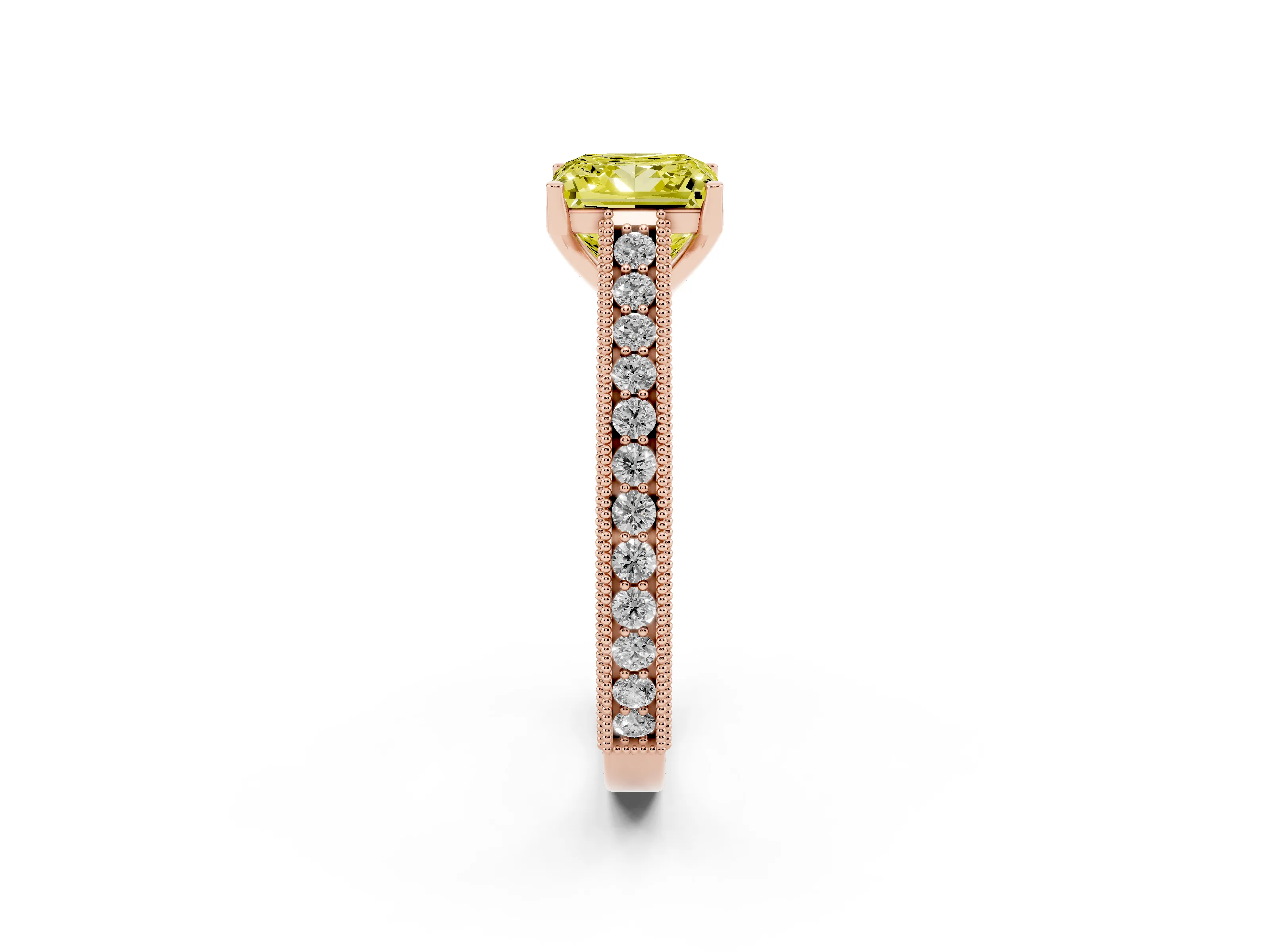 Fancy Yellow Princess Cut Diamond Milgrain Pavé Band Solitaire Ring Set in Rose gold with Prong Setting