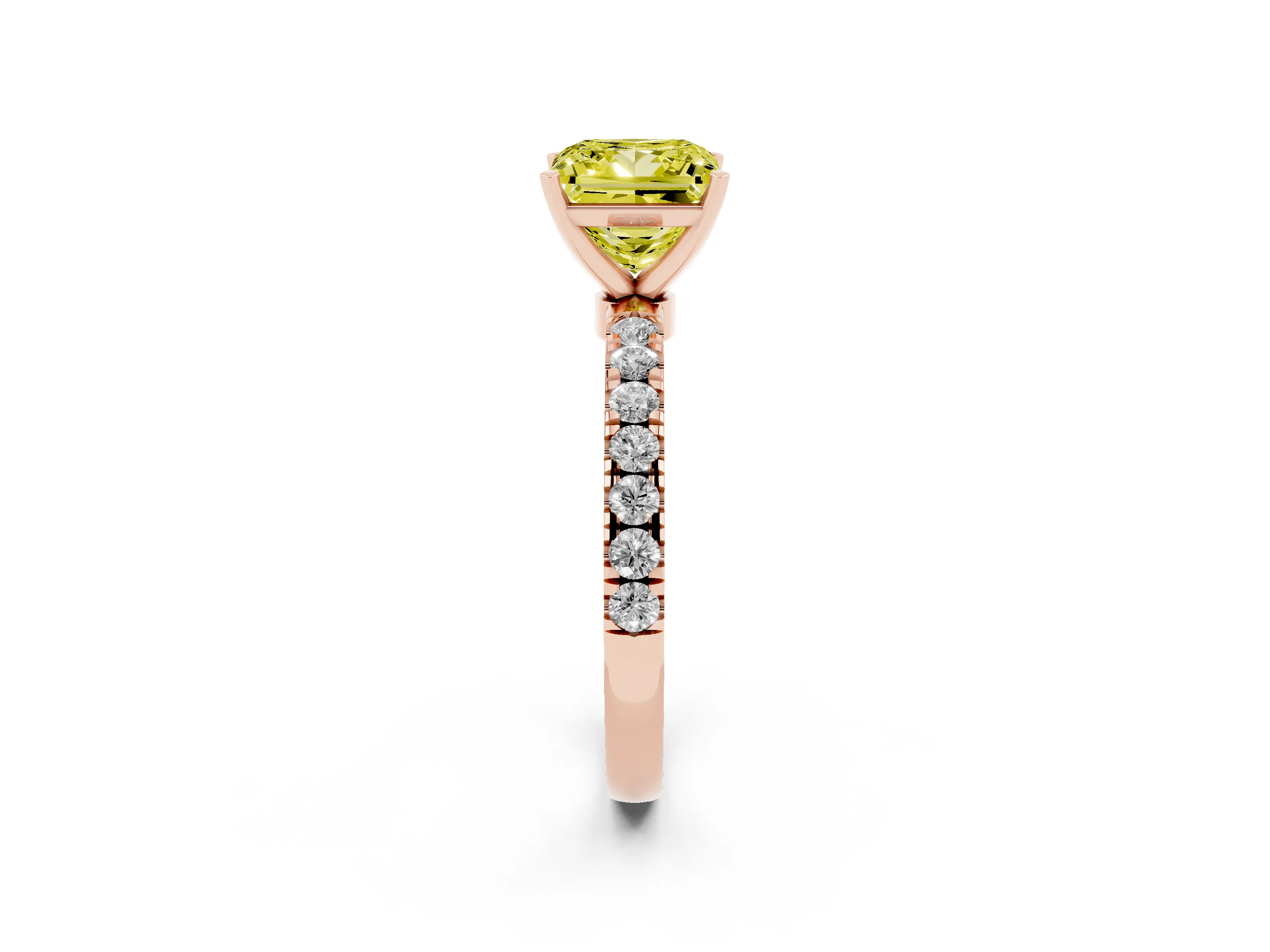 Fancy Yellow Princess Cut Diamond Solitaire Ring Set in Rose gold with Pavé Accents and Prong Setting