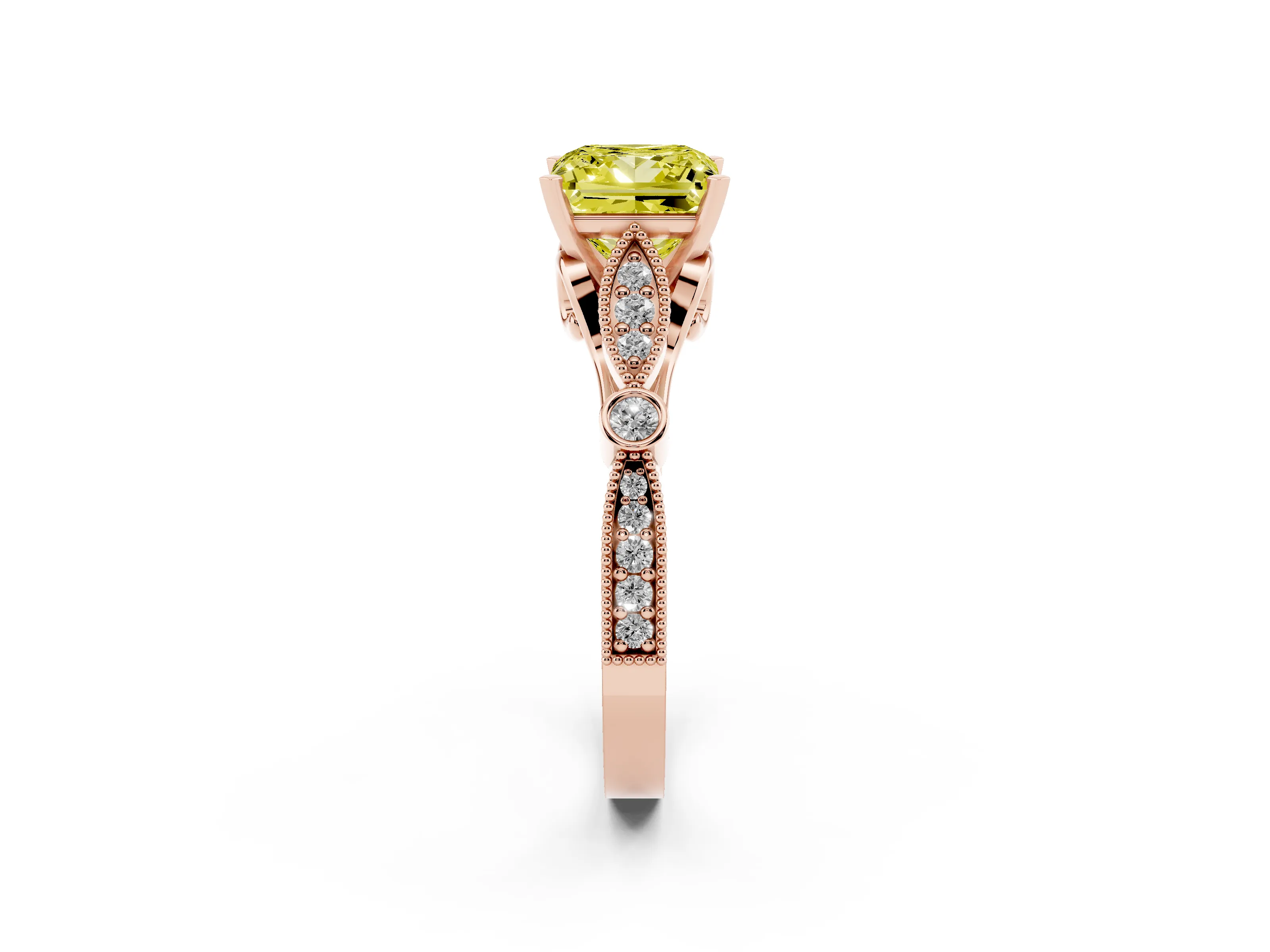 Fancy Yellow Princess Cut Diamond Solitaire Ring Set in Rose gold with Milgrain Marquise and Bezel Accents