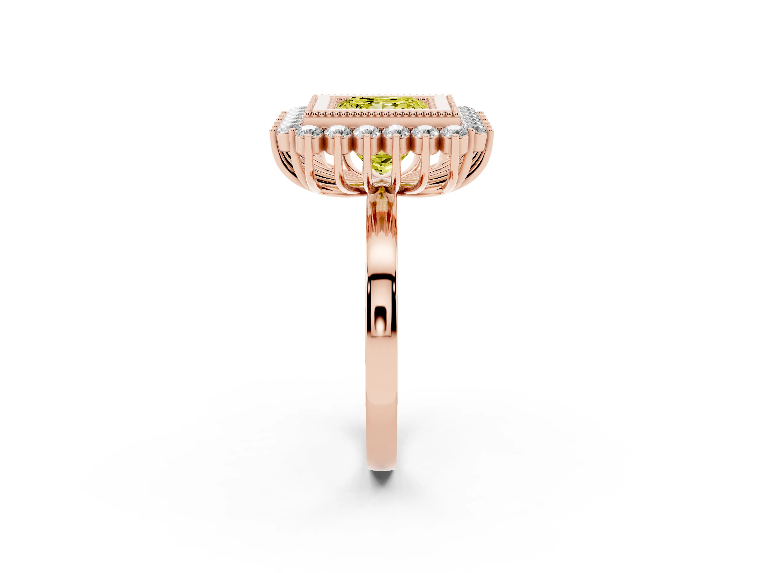 Fancy Yellow Princess Cut Diamond Halo Ring Set in Rose gold with Milgrain Edge and Round Prong Setting