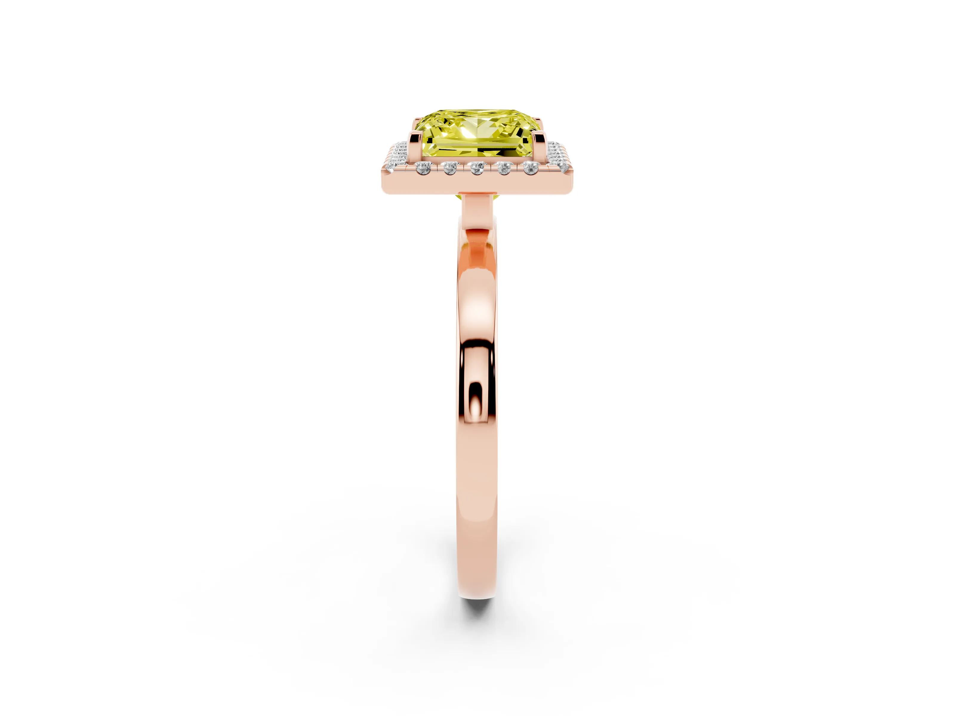Fancy Yellow Princess Cut Diamond Halo Solitaire Ring Set in Rose gold with Pavé Band and Prong Setting