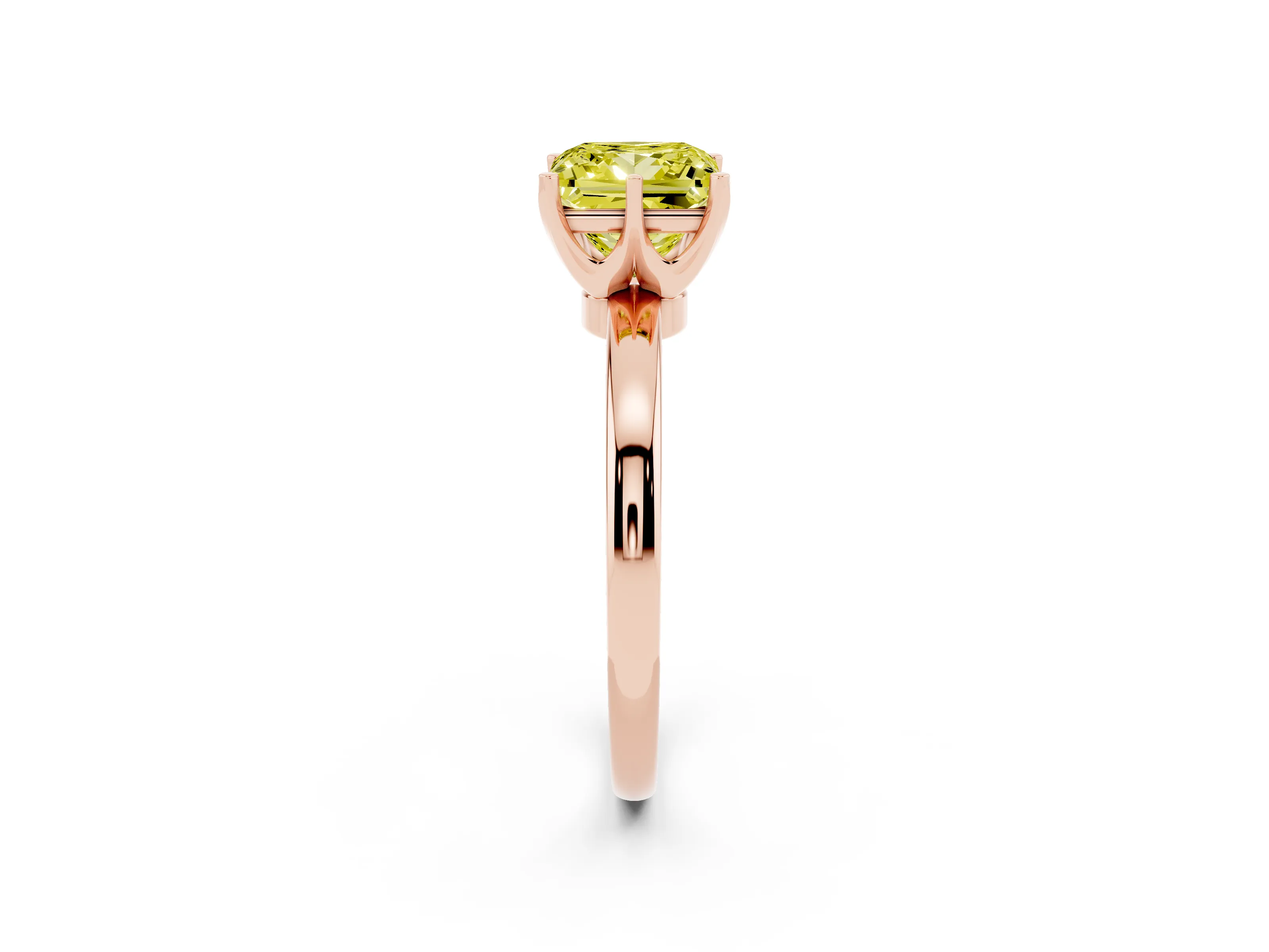 Fancy Yellow Princess Cut Diamond Solitaire Ring Set in Rose gold with Raised Prong Setting on a Classic Band