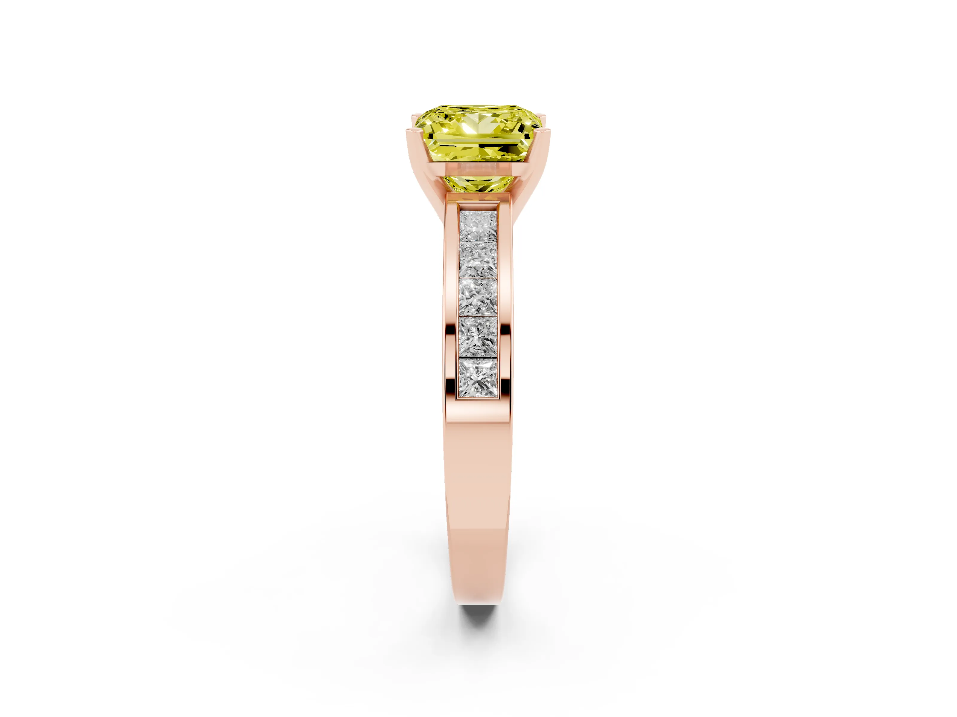 Fancy Yellow Princess Cut Diamond Solitaire Ring Set in Rose gold with Channel-Set Band and Prong Setting