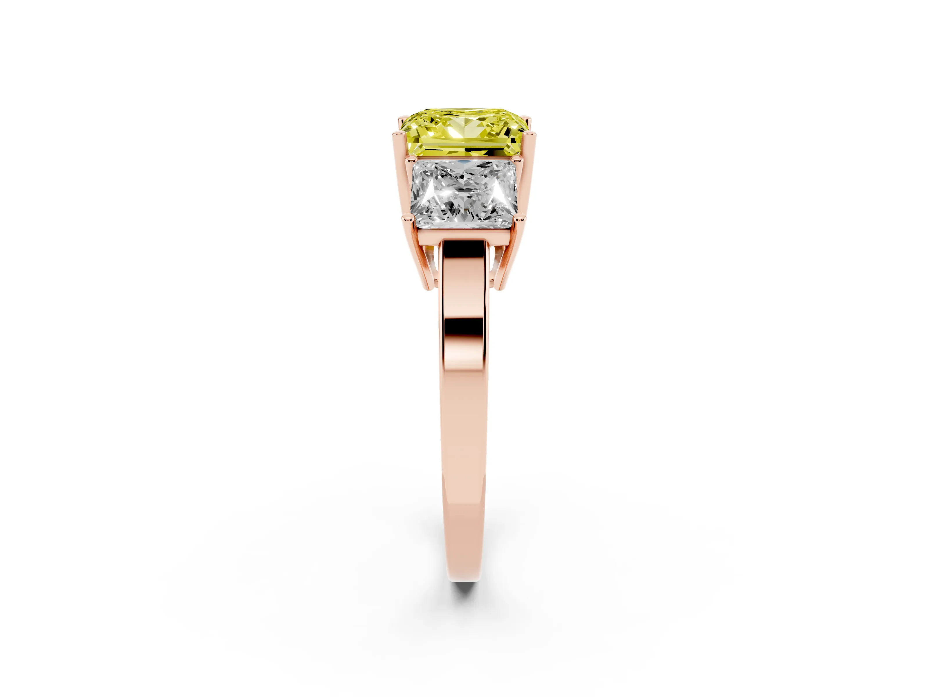Fancy Yellow Princess Cut Diamond Three-Stone Engagement Ring Set in Rose gold with Flat Band