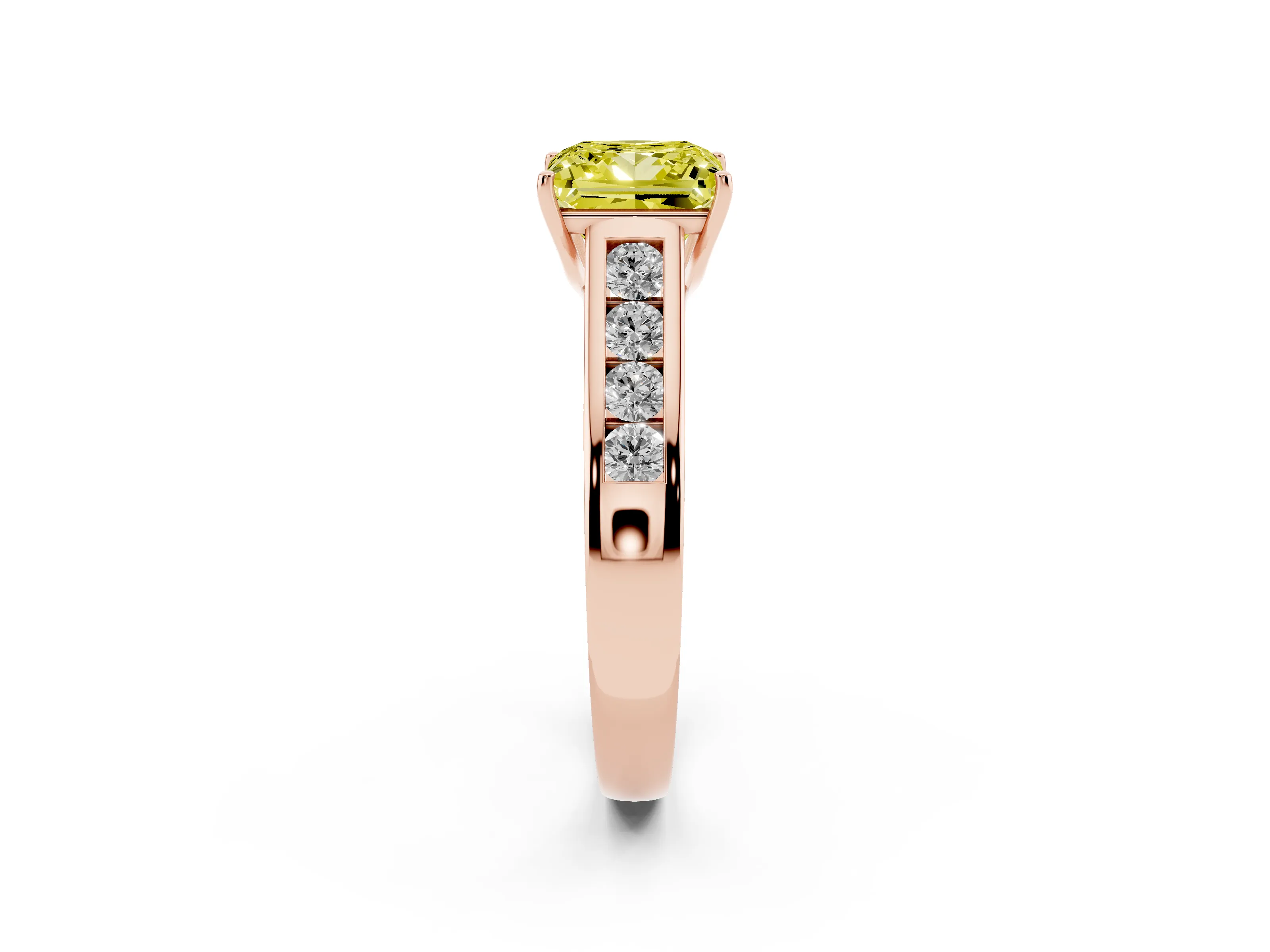 Fancy Yellow Princess Cut Diamond Solitaire Channel-Set Engagement Ring Set in Rose gold with Prong Setting