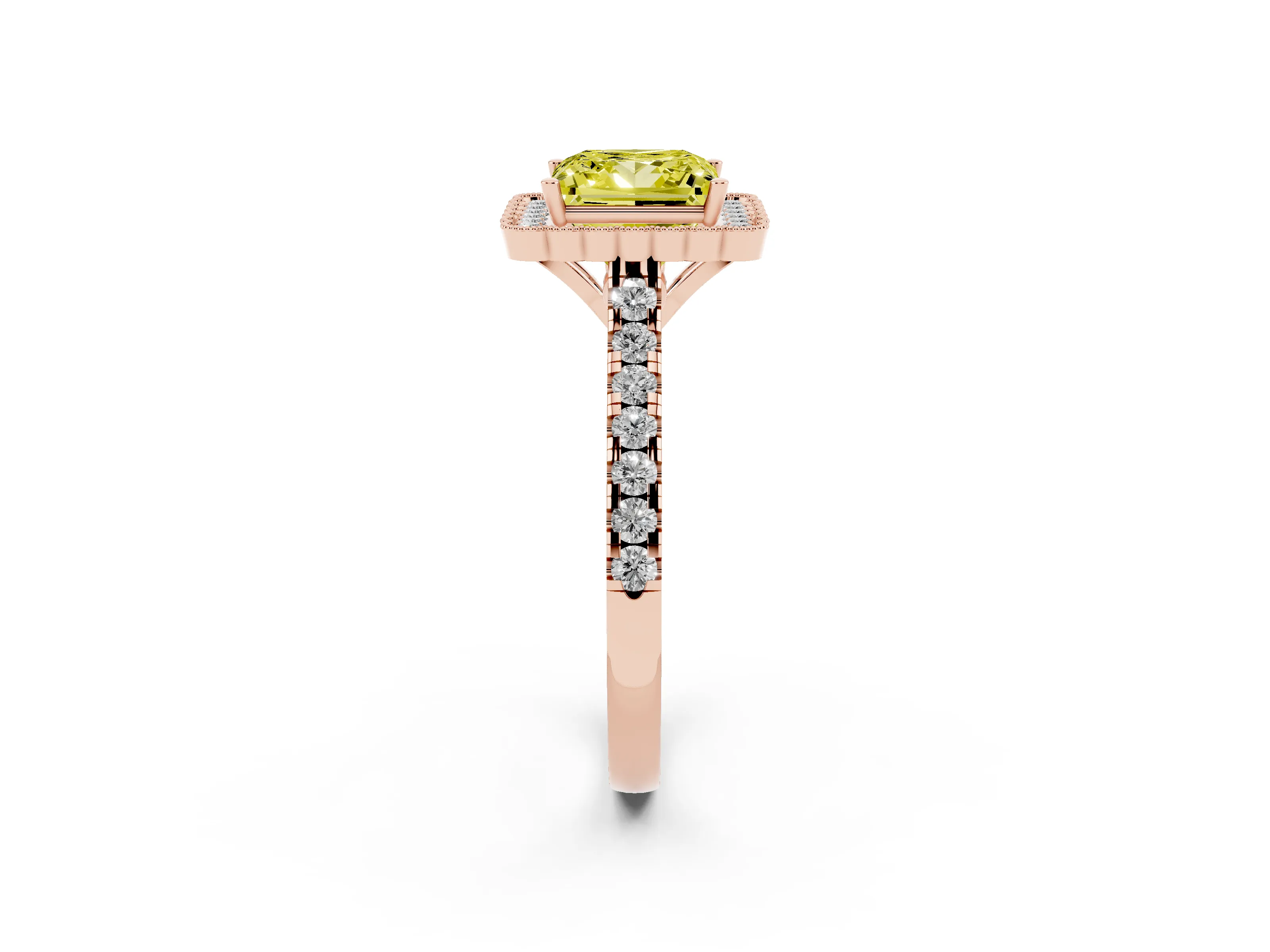 Fancy Yellow Princess Cut Diamond Milgrain Floral Halo Engagement Ring Set in Rose gold with Pavé Band