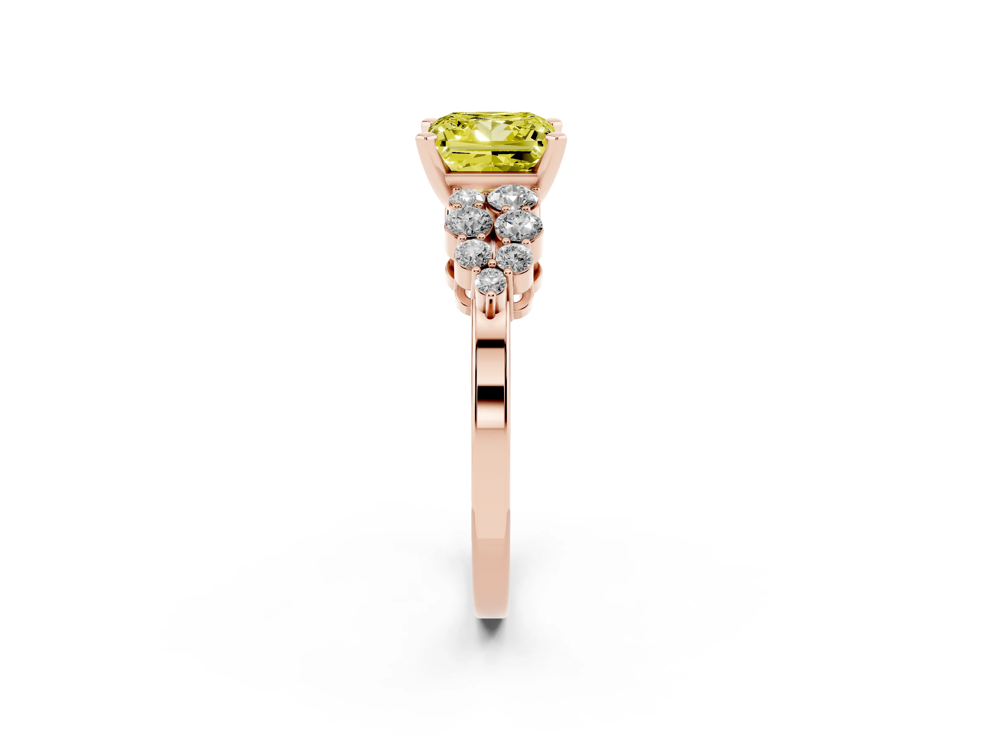 Fancy Yellow Princess Cut Diamond Cluster Engagement Ring Set in Rose gold with Pavé Band and Prong Setting