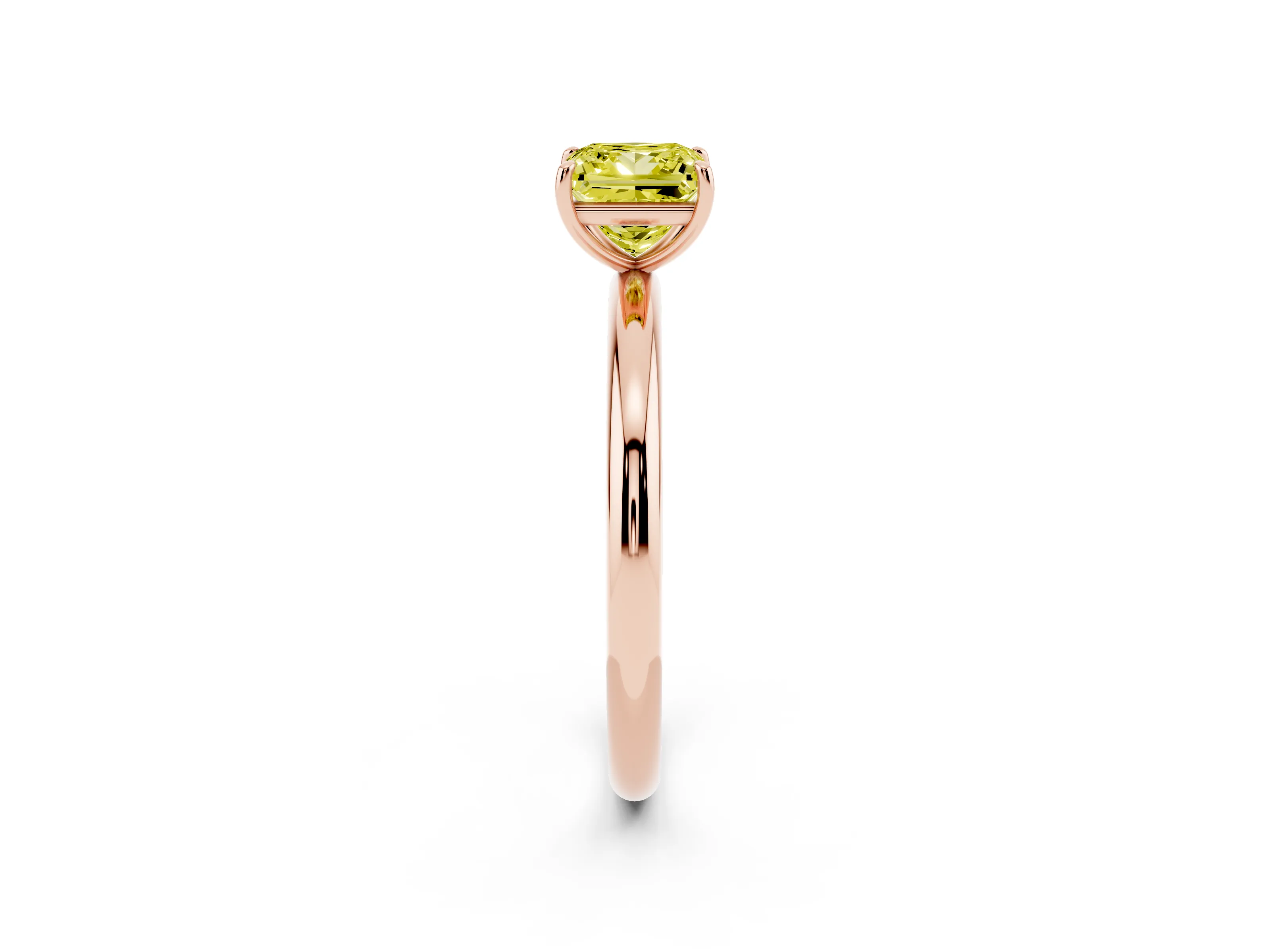 Fancy Yellow Princess Cut Diamond Solitaire Ring Set in Rose gold with Prong Setting on a Polished Plain Band