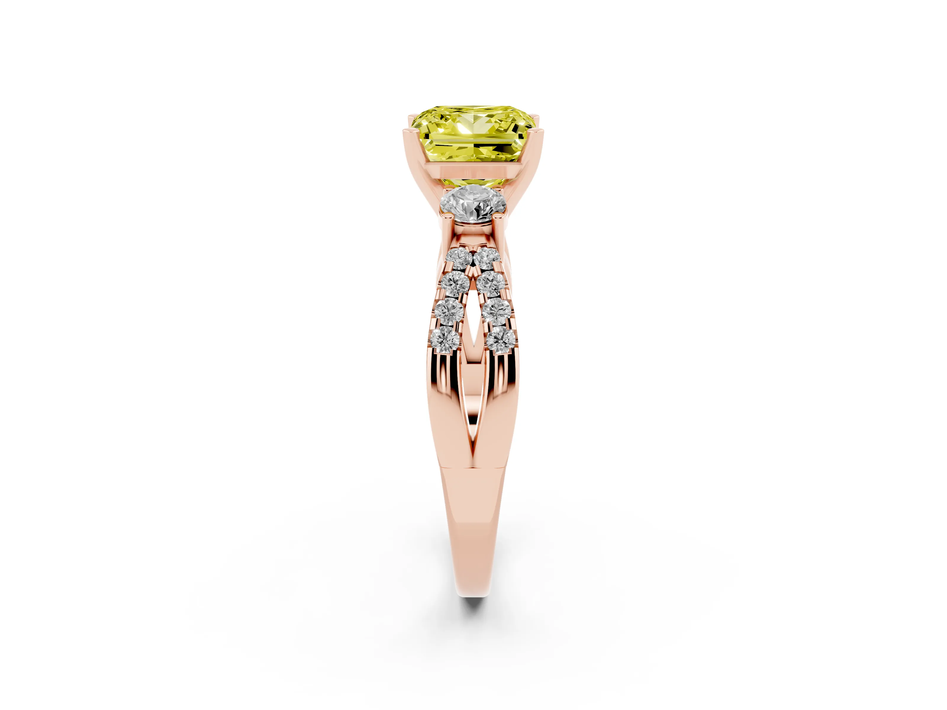 Fancy Yellow Princess Cut Diamond Three-Stone Ring Set in Rose gold with Pavé Split Shank and Prong Setting