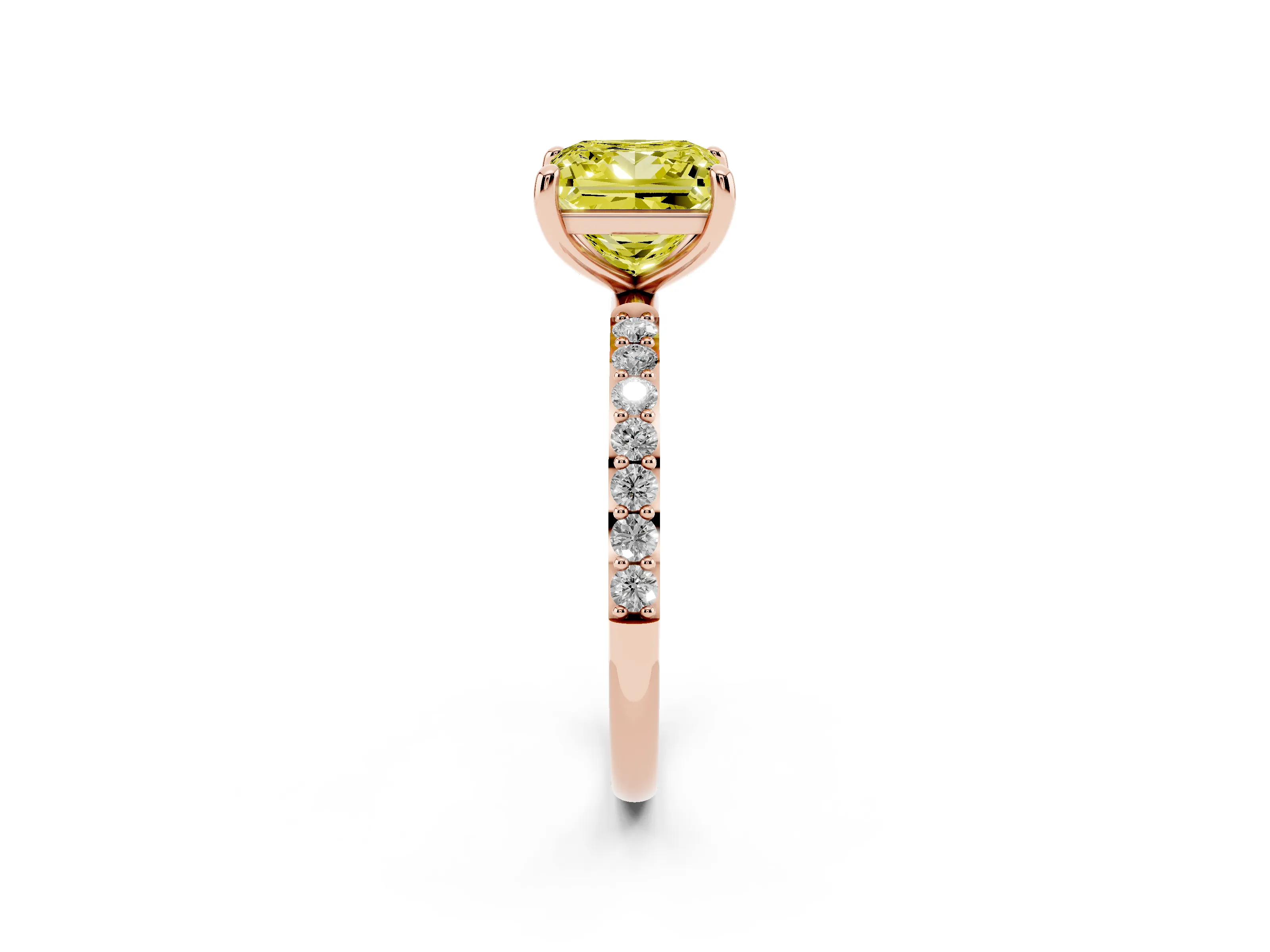 Fancy Yellow Princess Cut Diamond Solitaire Ring Set in Rose gold with Round Pavé Band and Prong Setting