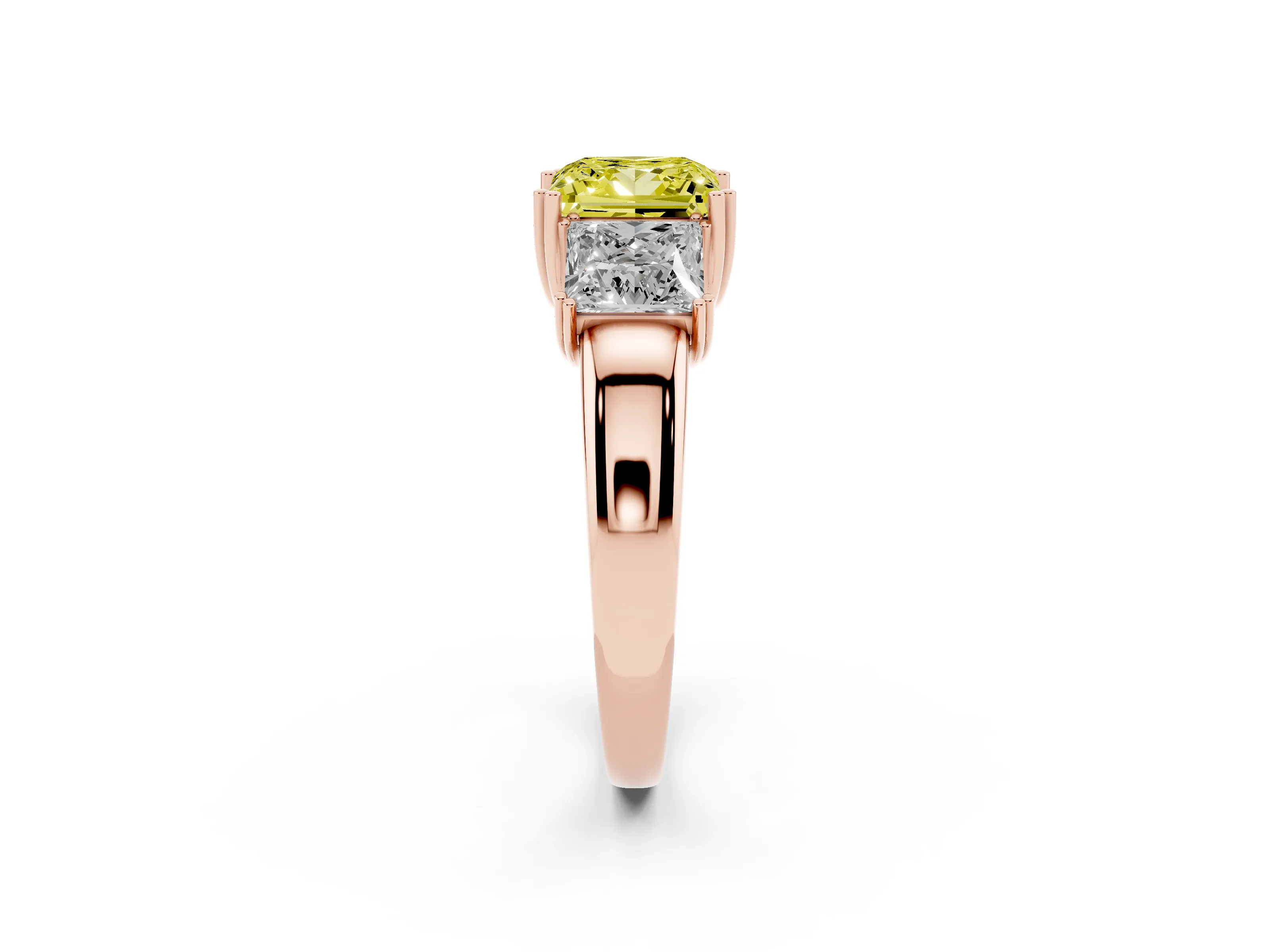 Fancy Yellow Princess Cut Diamond Three-Stone Ring Set in Rose gold with Polished Channel-Set Band