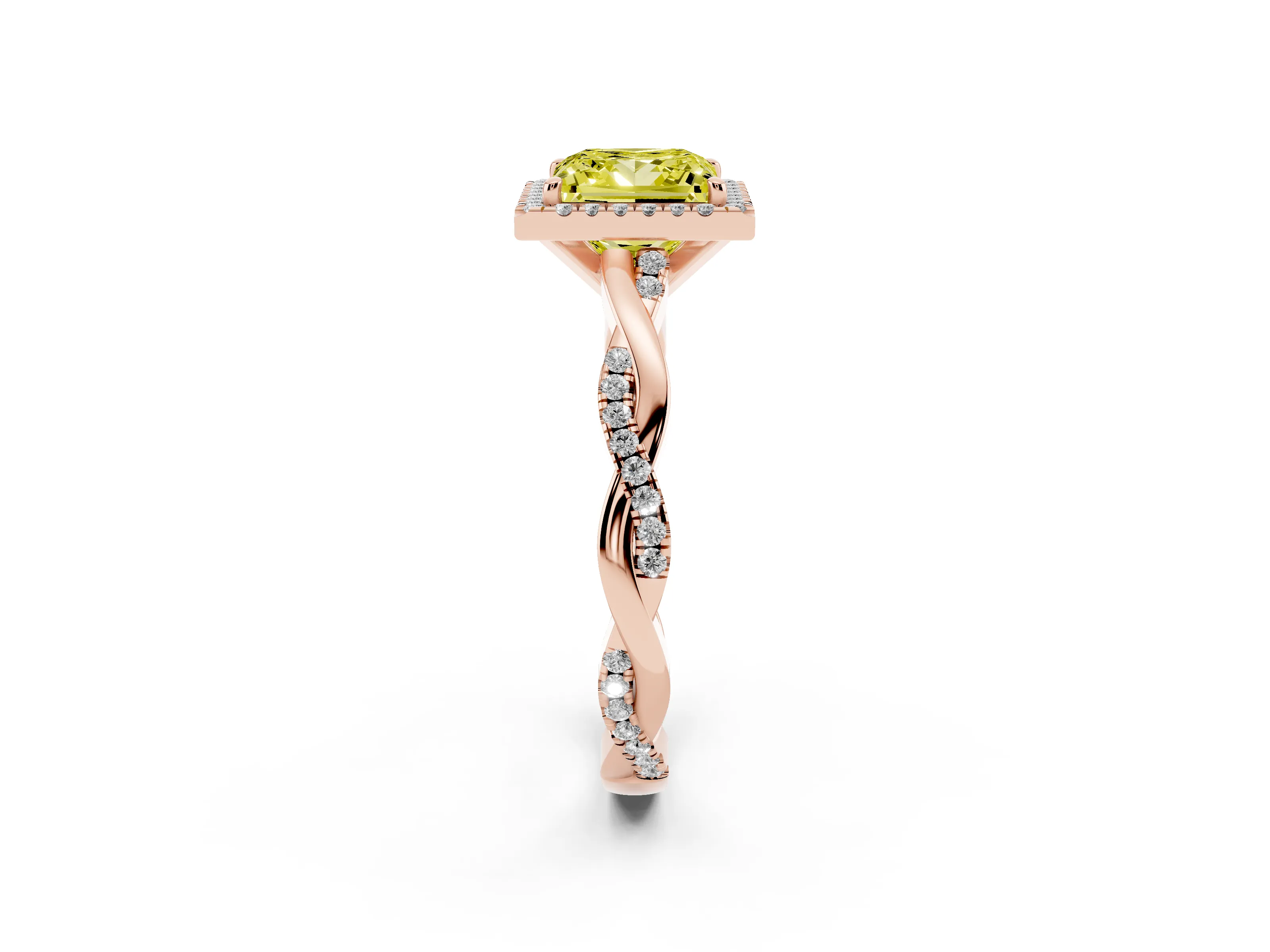 Fancy Yellow Princess Cut Diamond Halo Twisted Band Ring Set in Rose gold with Prong Setting