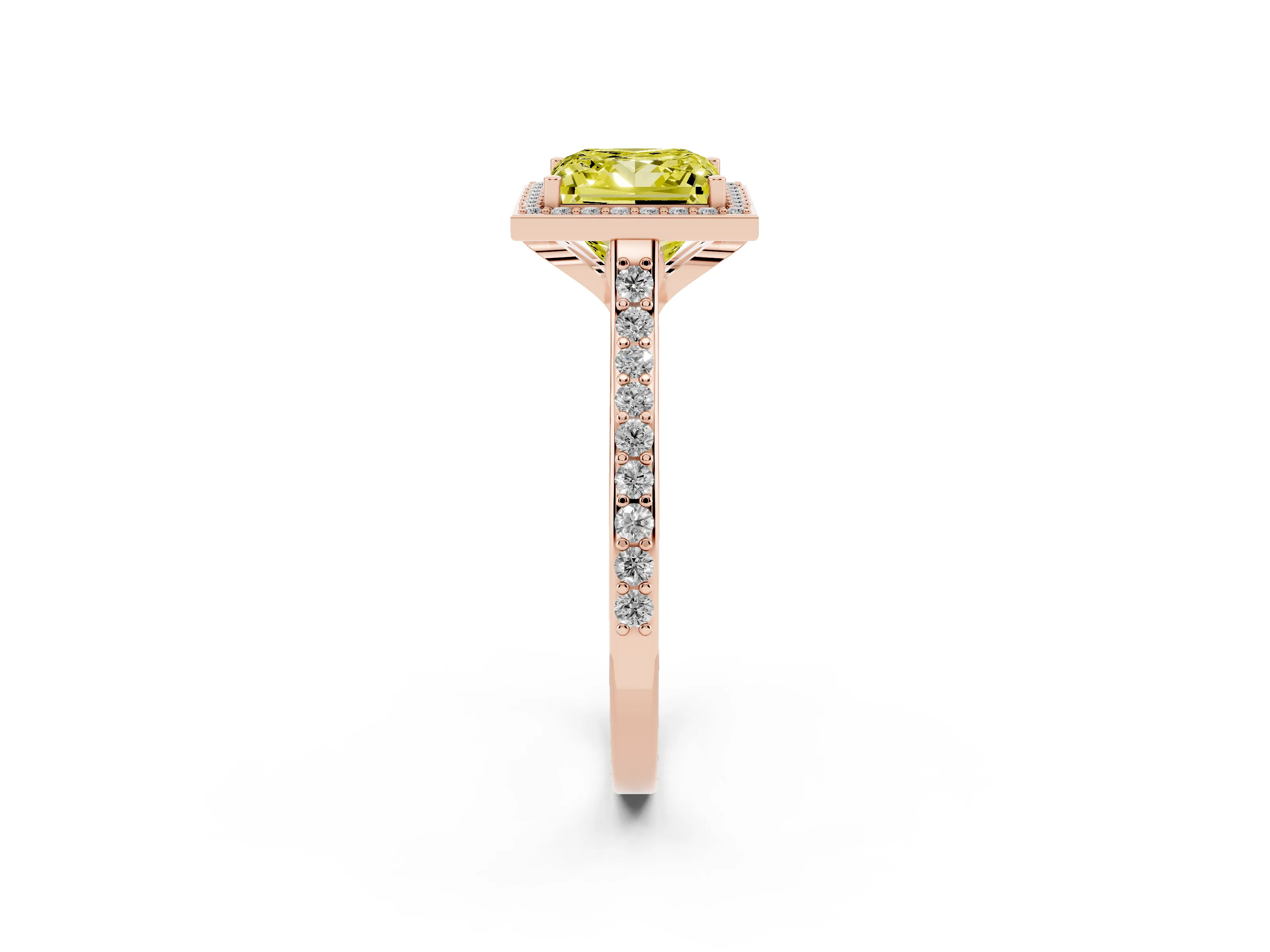 Fancy Yellow Princess Cut Diamond Halo Engagement Ring Set in Rose gold with Round Pavé Shoulders and Heart Gallery