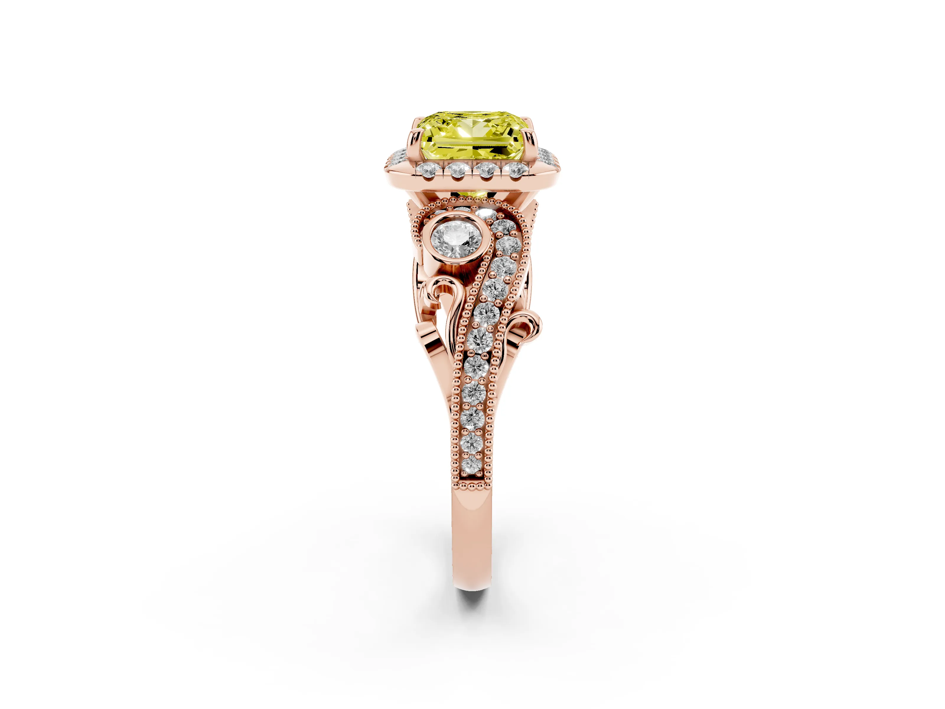 Fancy Yellow Princess Cut Diamond Halo Ring Set in Rose gold with Milgrain Pavé Band and Prong Setting