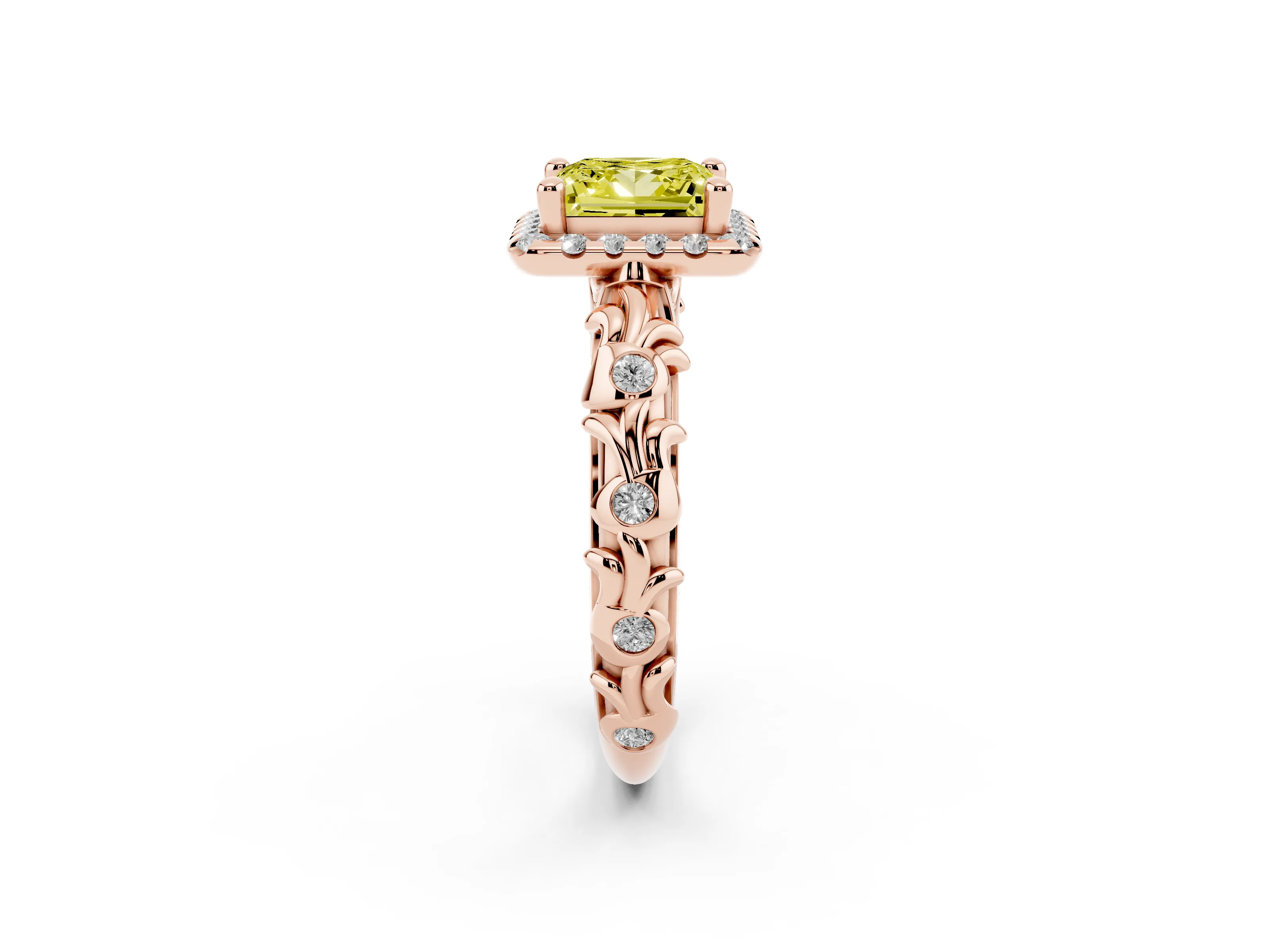 Fancy Yellow Princess Cut Diamond Halo Ring Set in Rose gold with Filigree Leaf Band and Prong Setting