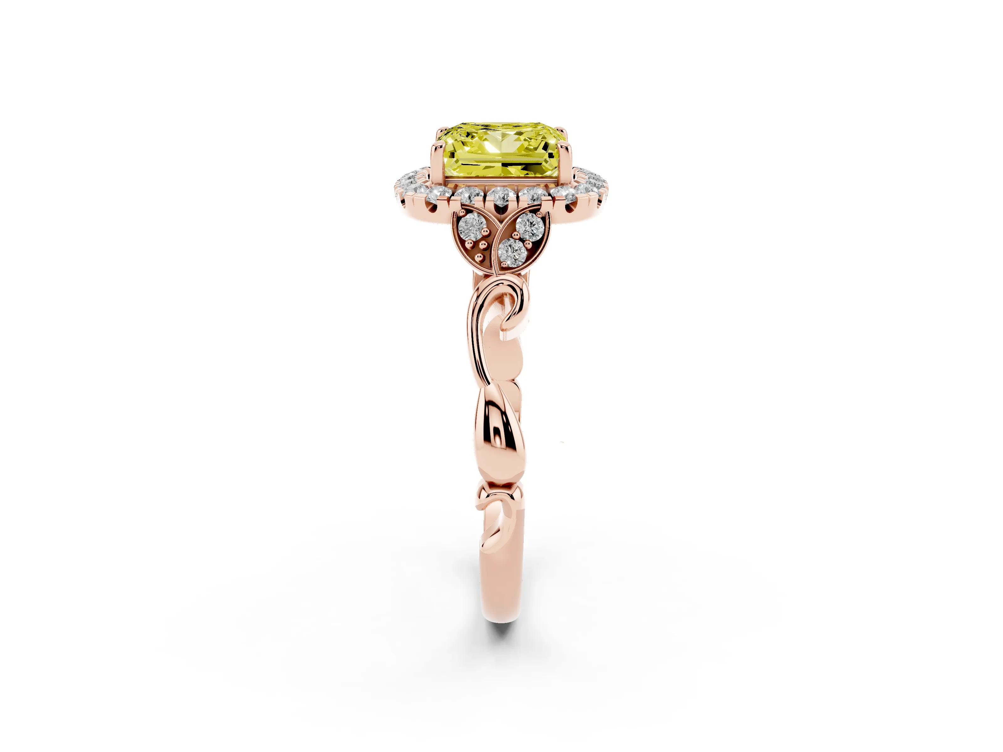 Fancy Yellow Princess Cut Diamond Halo Engagement Ring Set in Rose gold with Vintage-Inspired Band and Prong Setting
