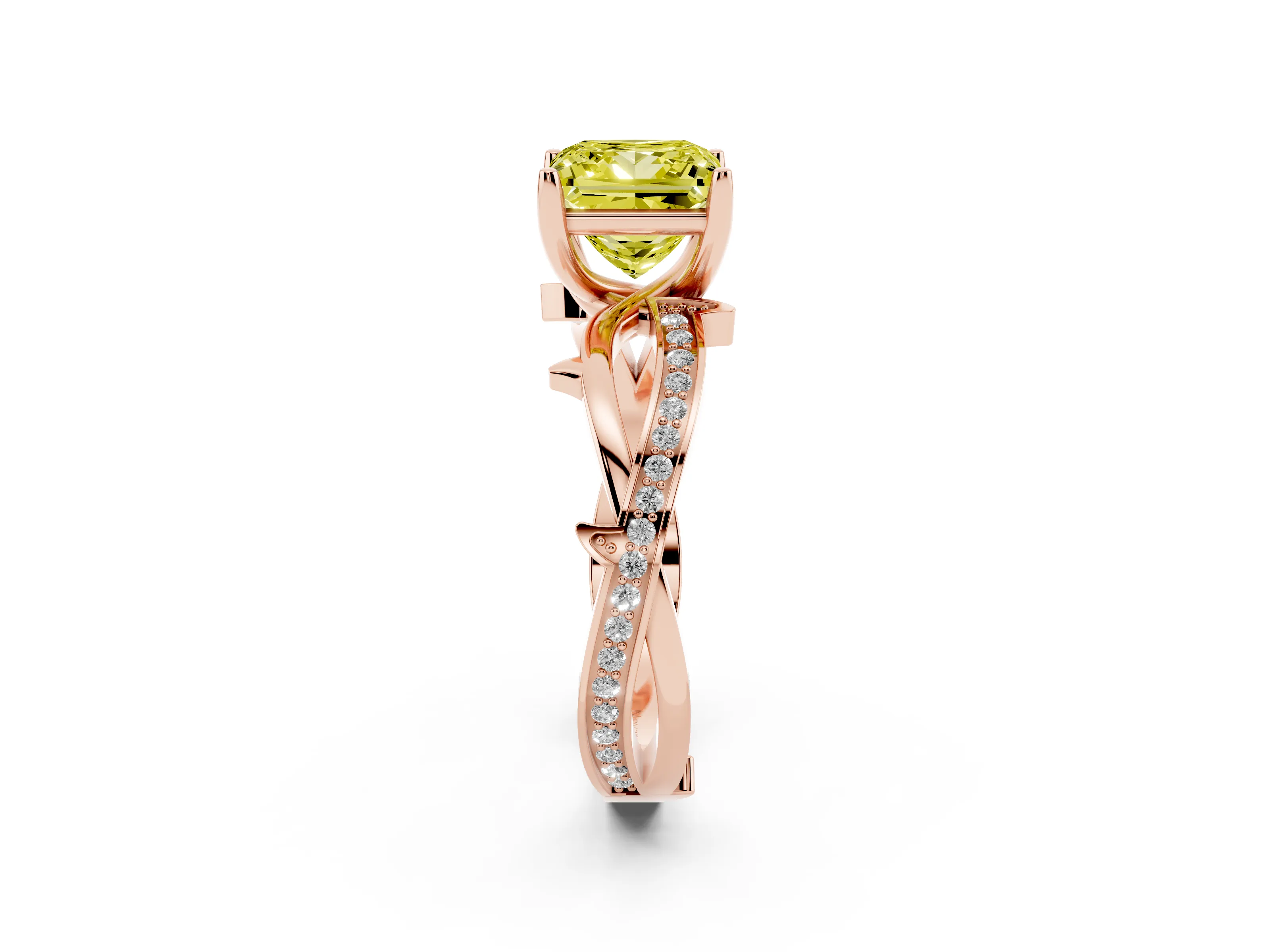 Fancy Yellow Princess Cut Diamond Pavé Twist Band Solitaire Ring Set in Rose gold with Prong Setting