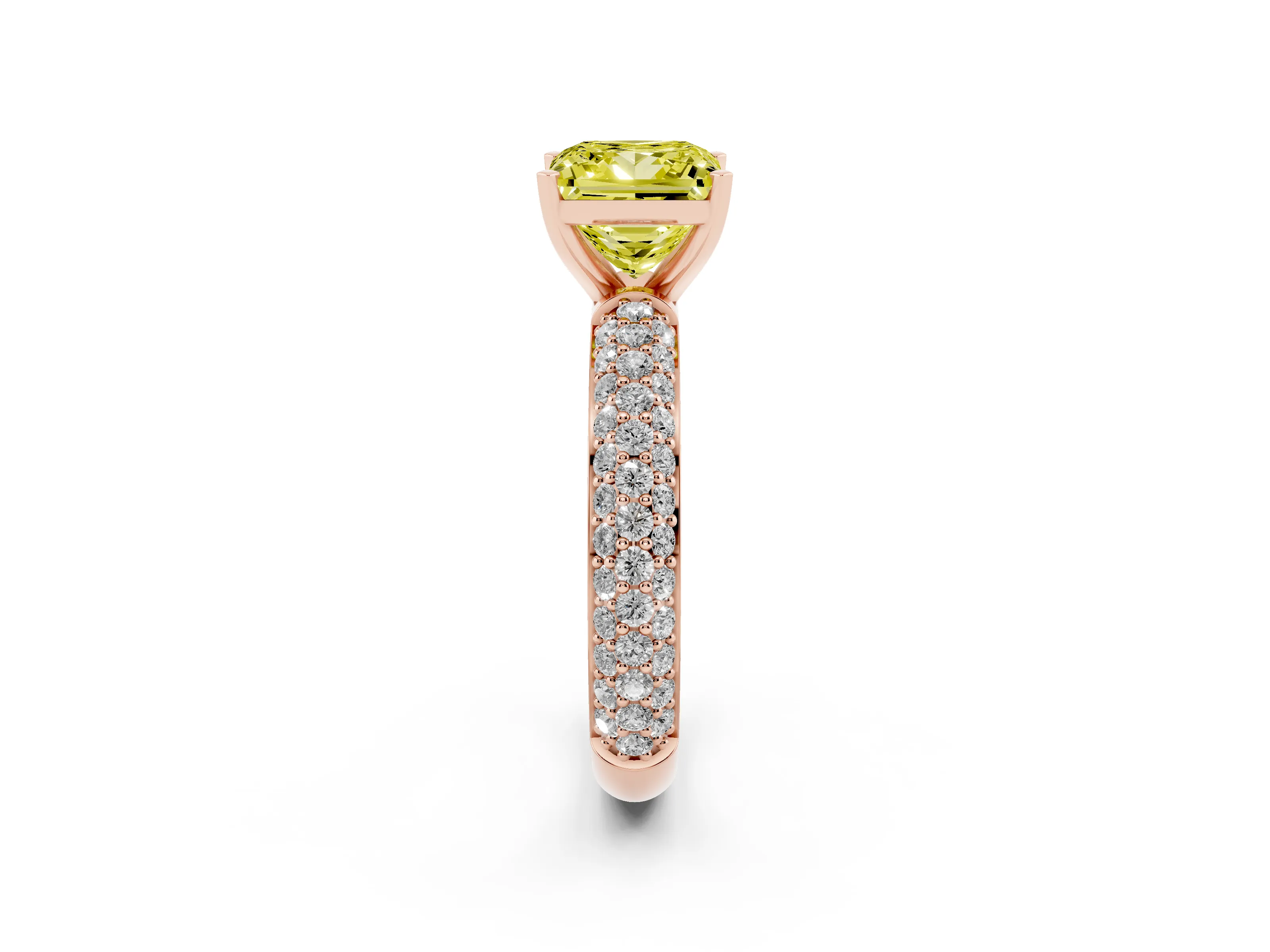 Fancy Yellow Princess Cut Diamond Solitaire Ring Set in Rose gold with Prong Setting and Pavé-Set Band