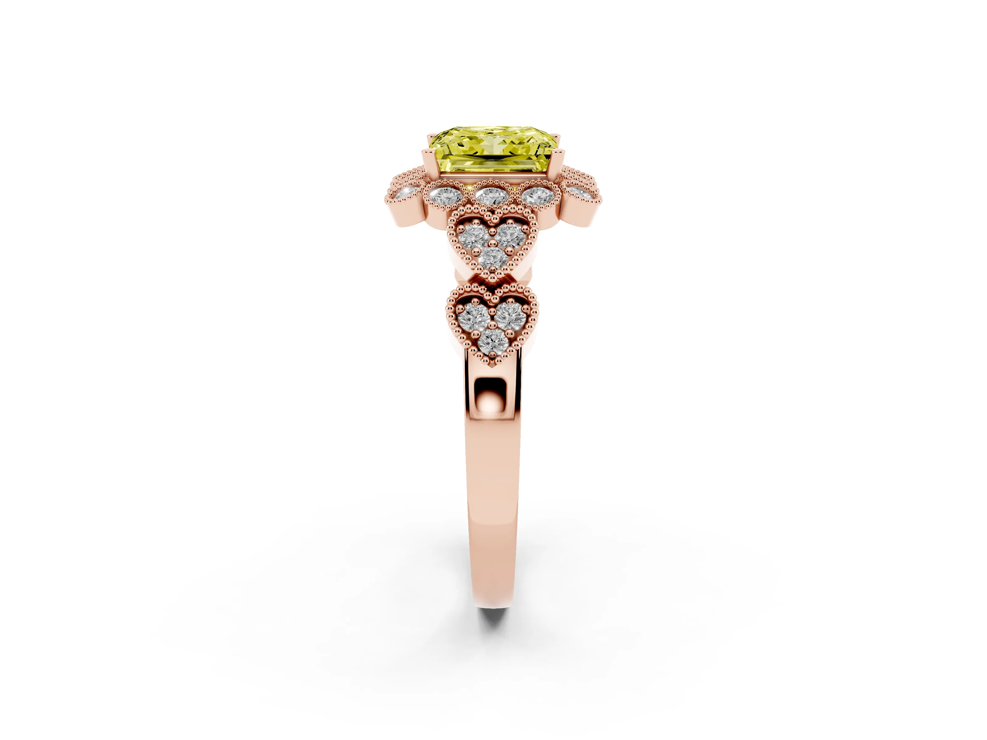 Fancy Yellow Princess Cut Diamond Solitaire Ring Set in Rose gold with Milgrain Pavé Heart Band