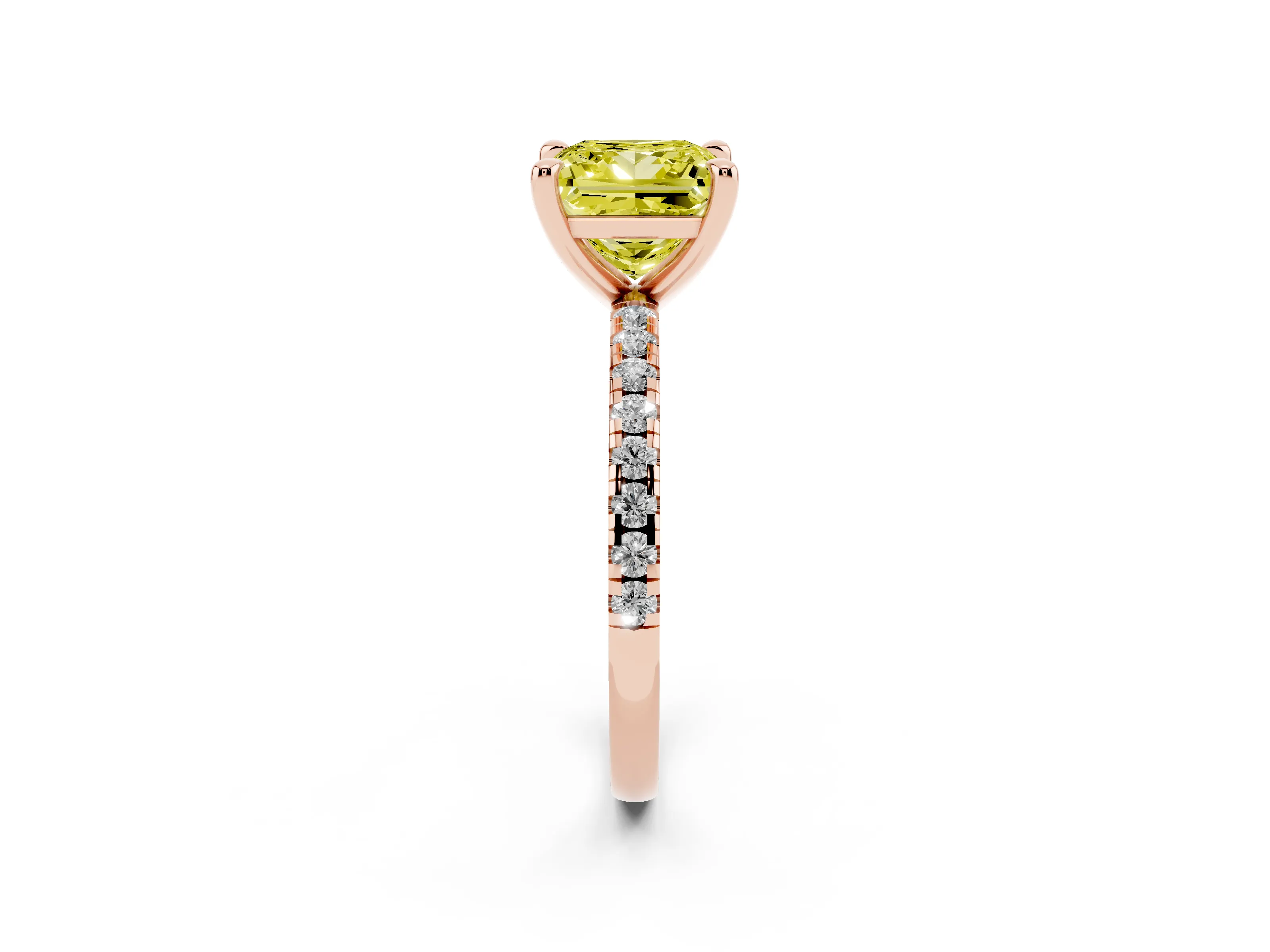 Fancy Yellow Princess Cut Diamond Brilliant Solitaire Ring Set in Rose gold with Pavé Band and Prong Setting