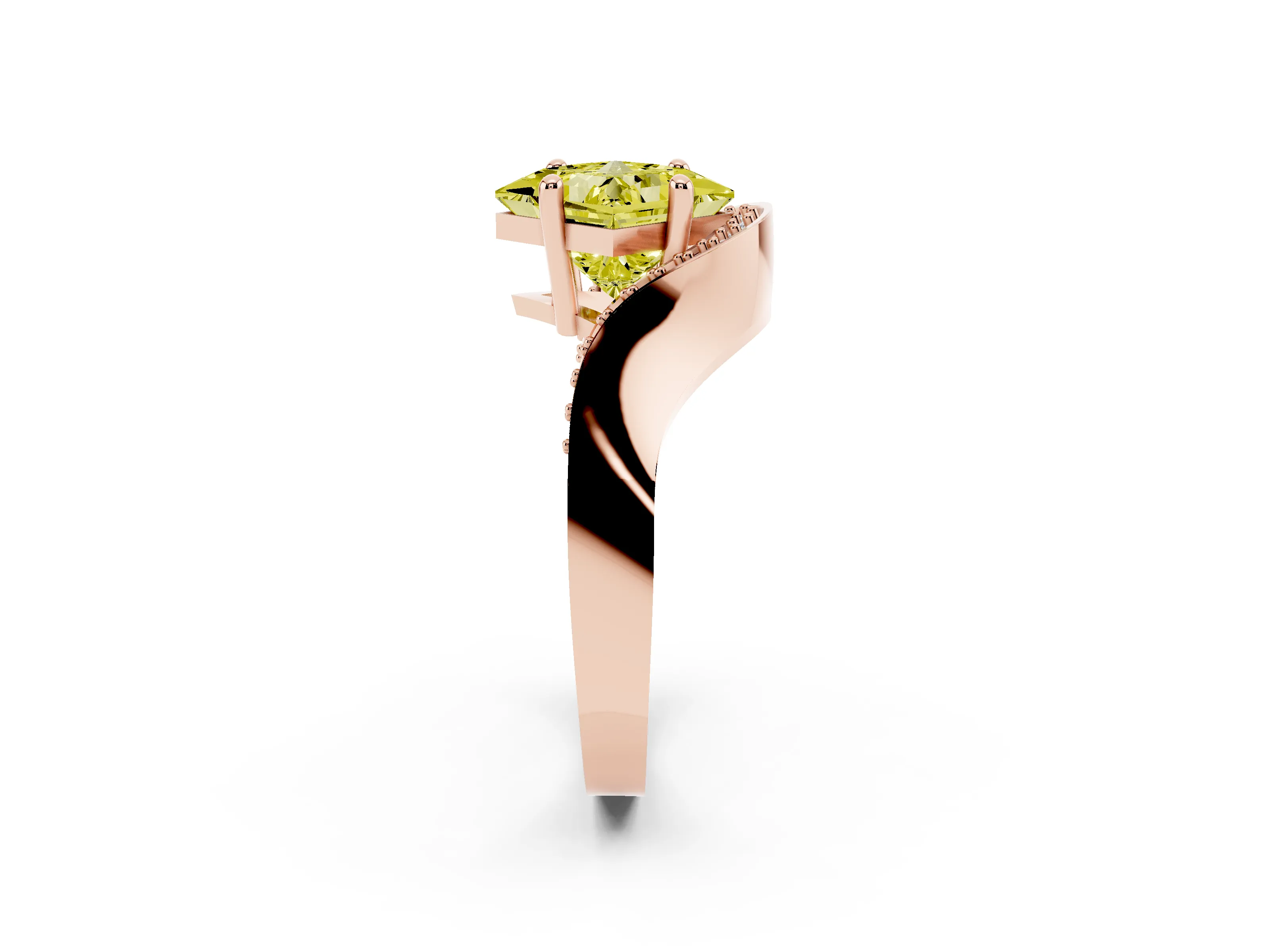 Fancy Yellow Princess Cut Diamond Solitaire Engagement Ring Set in Rose gold with Pavé Shoulders